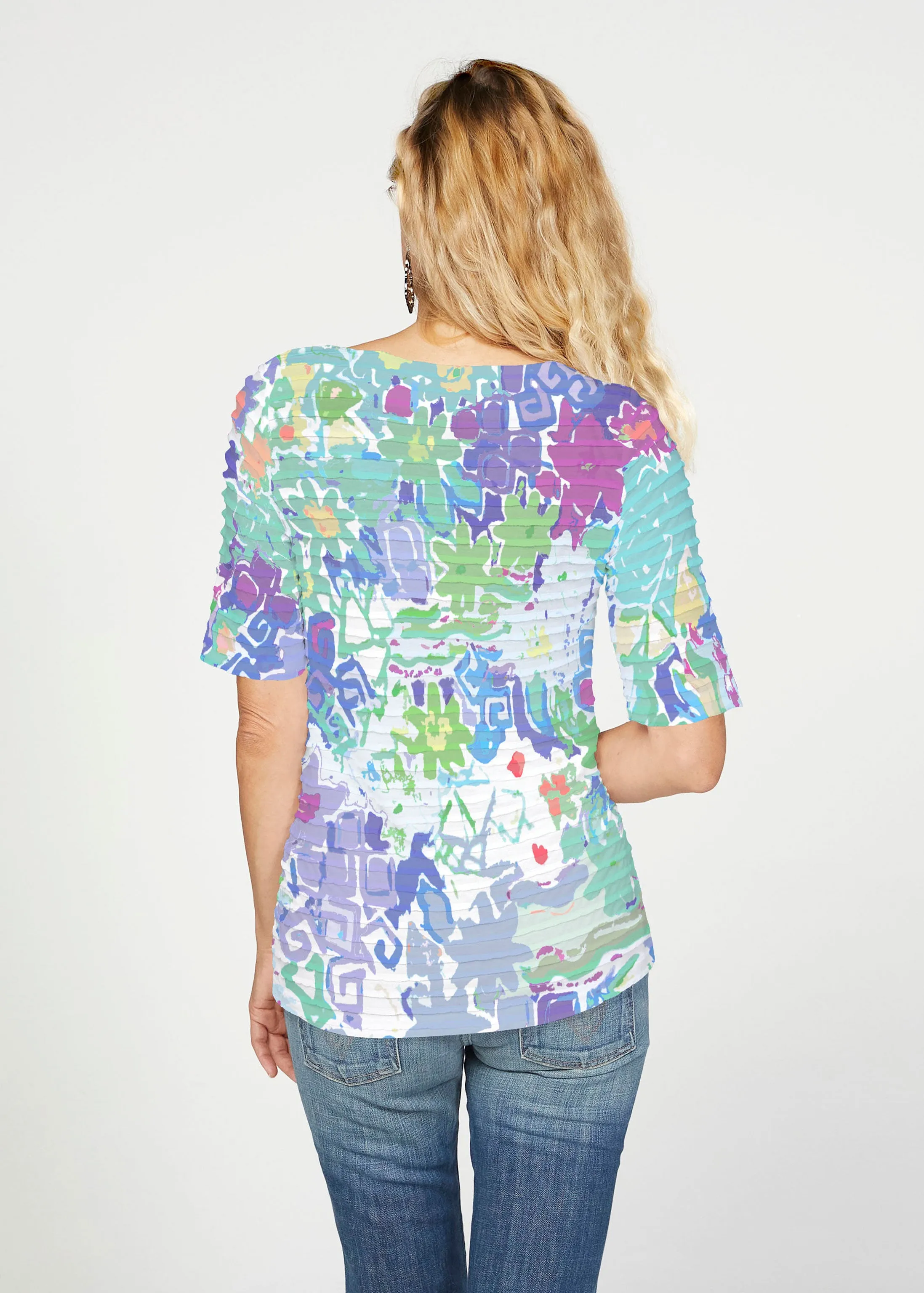 Floral Graffiti (19210) ~ Banded Elbow Sleeve Boat Neck Top