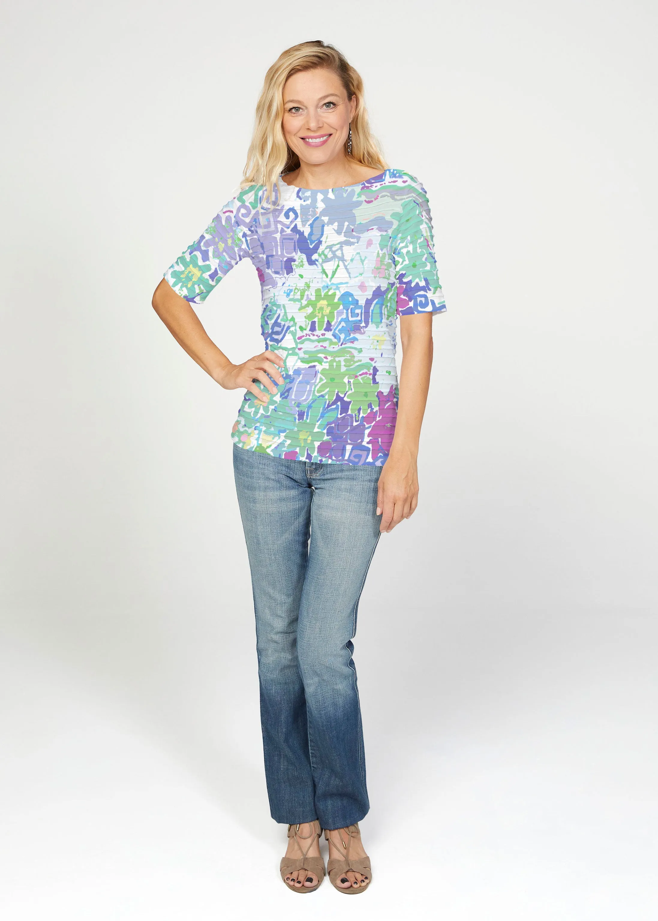 Floral Graffiti (19210) ~ Banded Elbow Sleeve Boat Neck Top