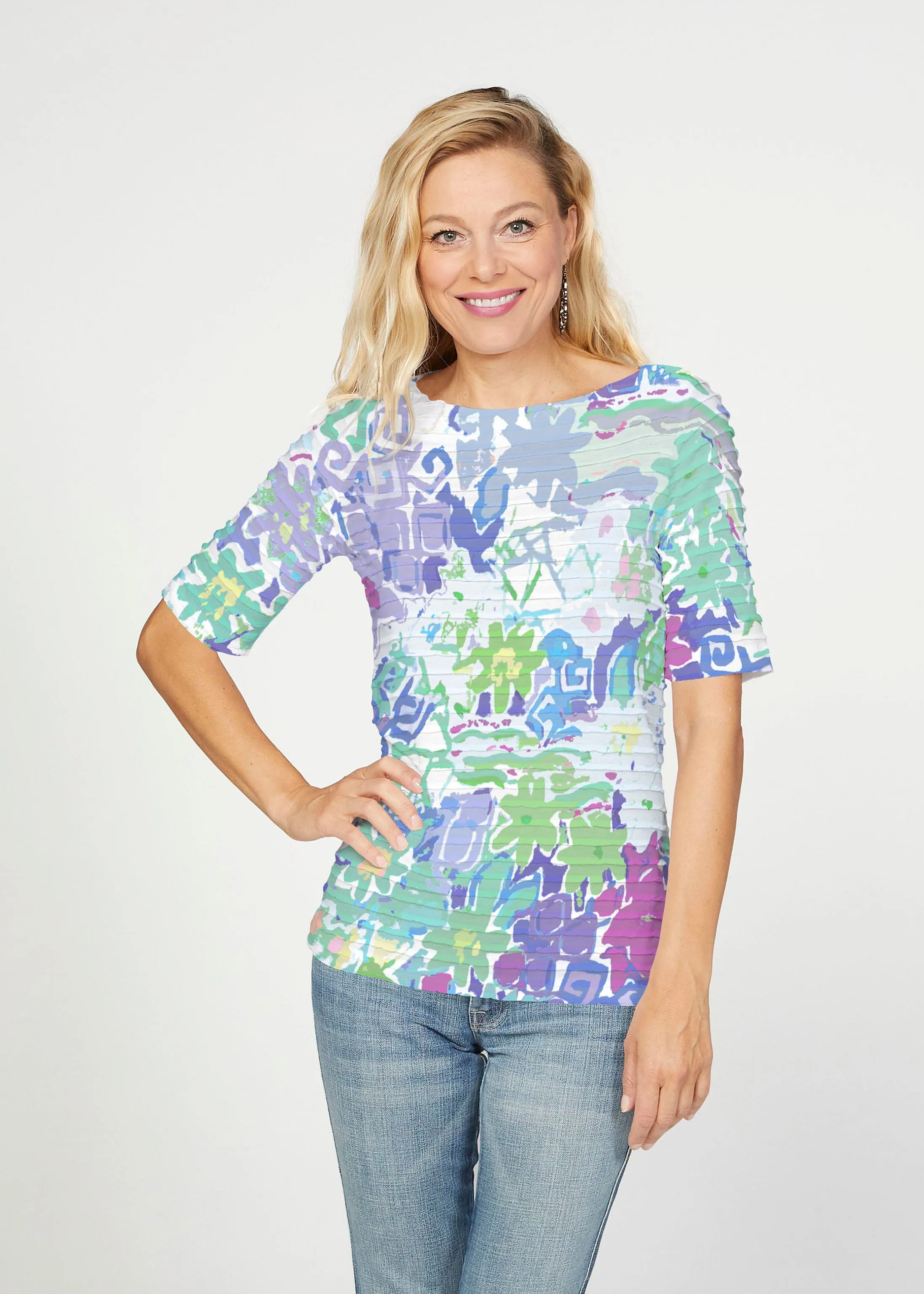 Floral Graffiti (19210) ~ Banded Elbow Sleeve Boat Neck Top