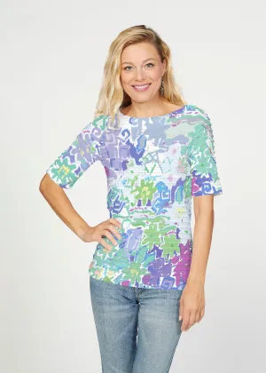 Floral Graffiti (19210) ~ Banded Elbow Sleeve Boat Neck Top