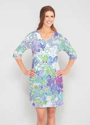 Floral Graffiti (19210) ~ Drop Shoulder 3/4 Sleeve V-Neck Dress