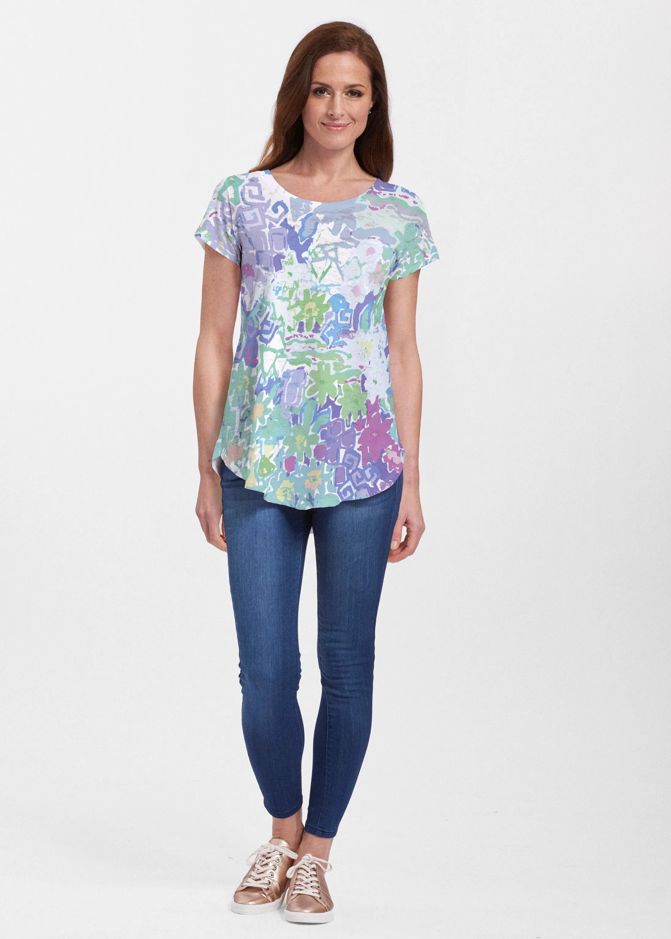 Floral Graffiti (19210) ~ Short Sleeve Scoop Neck Flowy Tunic