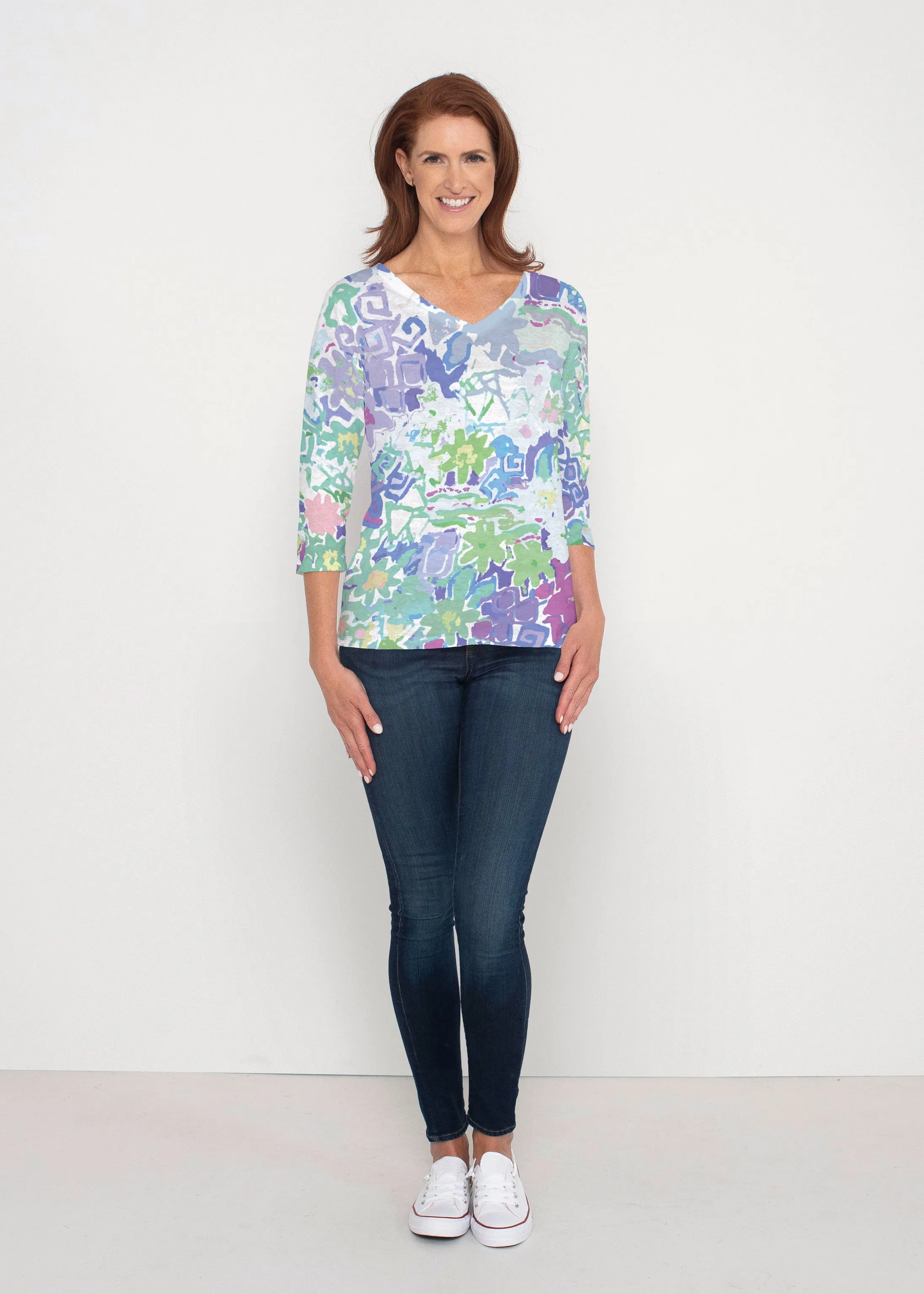 Floral Graffiti (19210) ~ Signature 3/4 Sleeve V-Neck Top