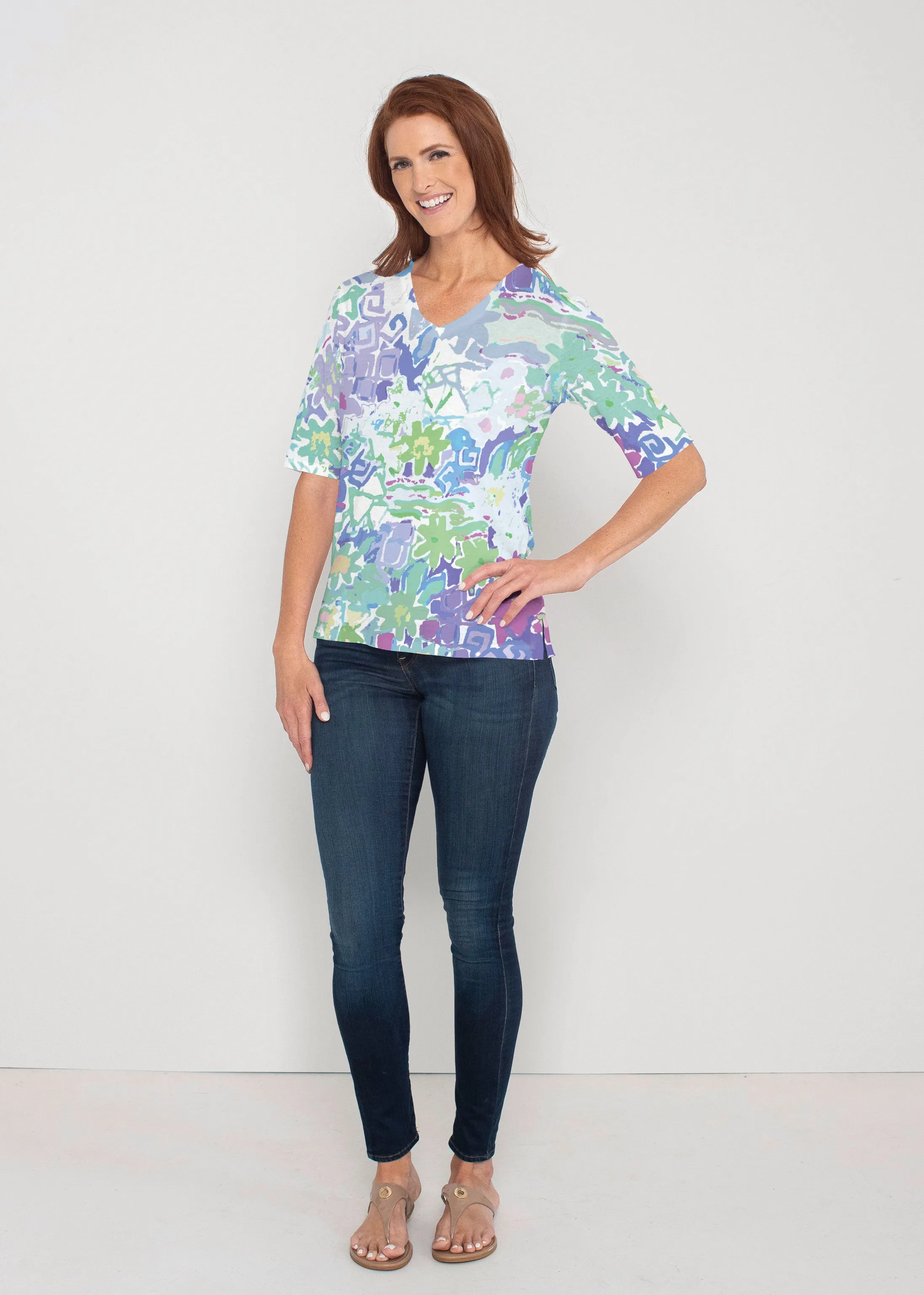 Floral Graffiti (19210) ~ Signature Elbow Sleeve V-Neck Top