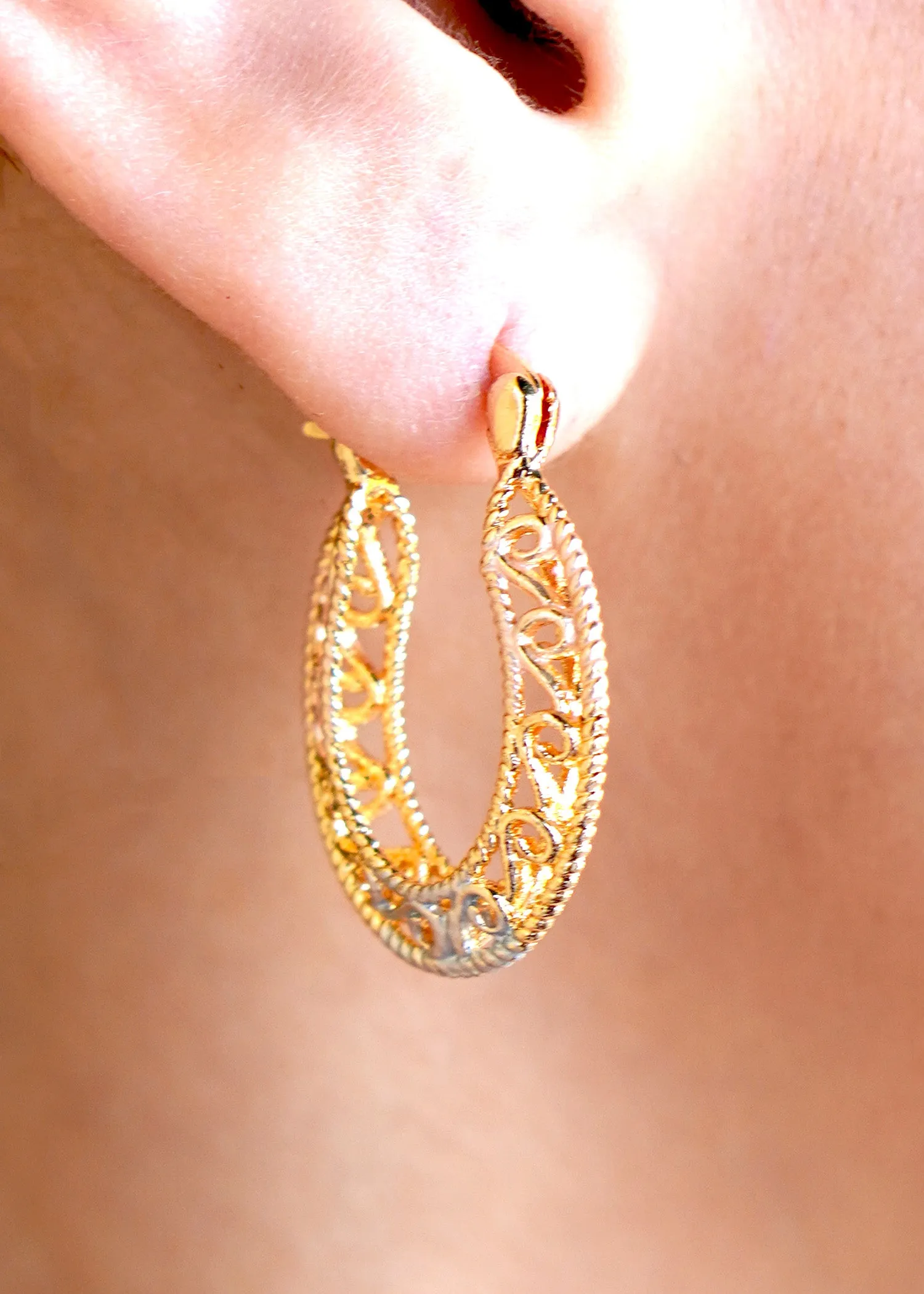 Gold Plated Filigree Hoop Earrings