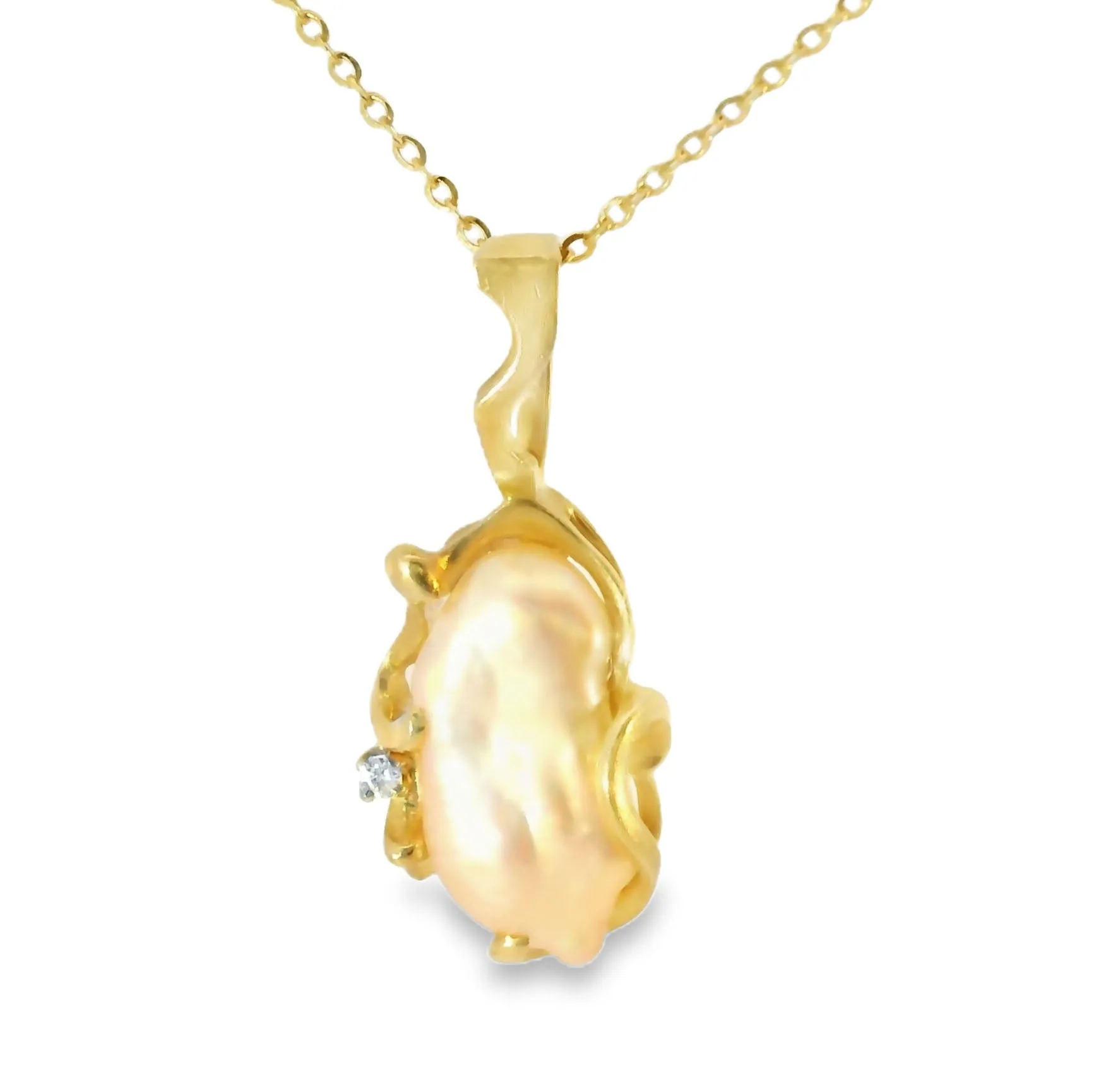 Gorgeous Estate 14K Yellow Gold Pink Baroque Pearl Diamond Pendant Slide