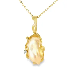 Gorgeous Estate 14K Yellow Gold Pink Baroque Pearl Diamond Pendant Slide