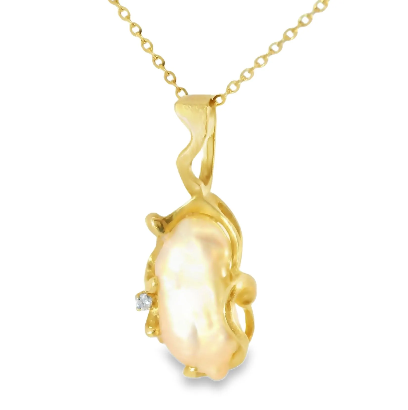 Gorgeous Estate 14K Yellow Gold Pink Baroque Pearl Diamond Pendant Slide