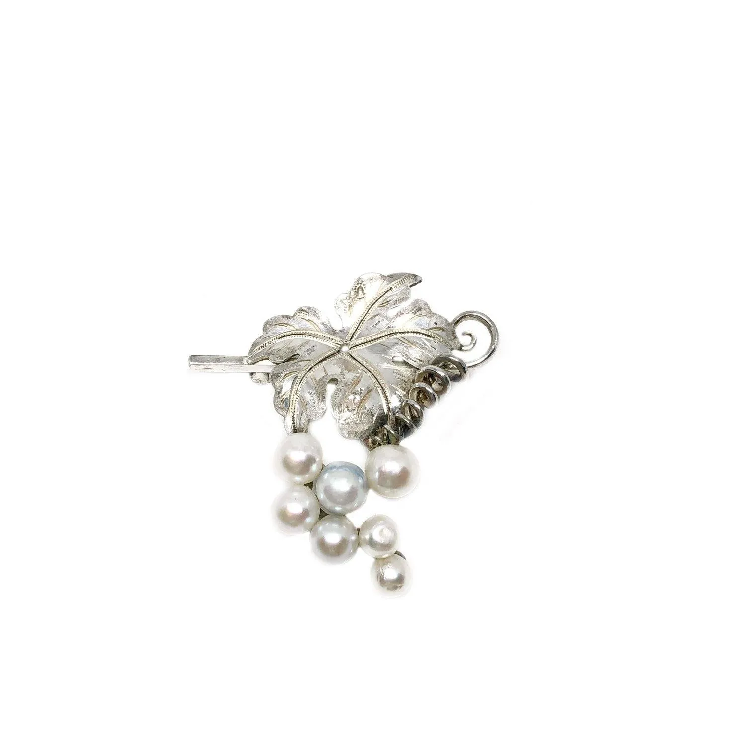 Grape Leaf Japanese Saltwater Akoya Pearl Brooch- Sterling Silver