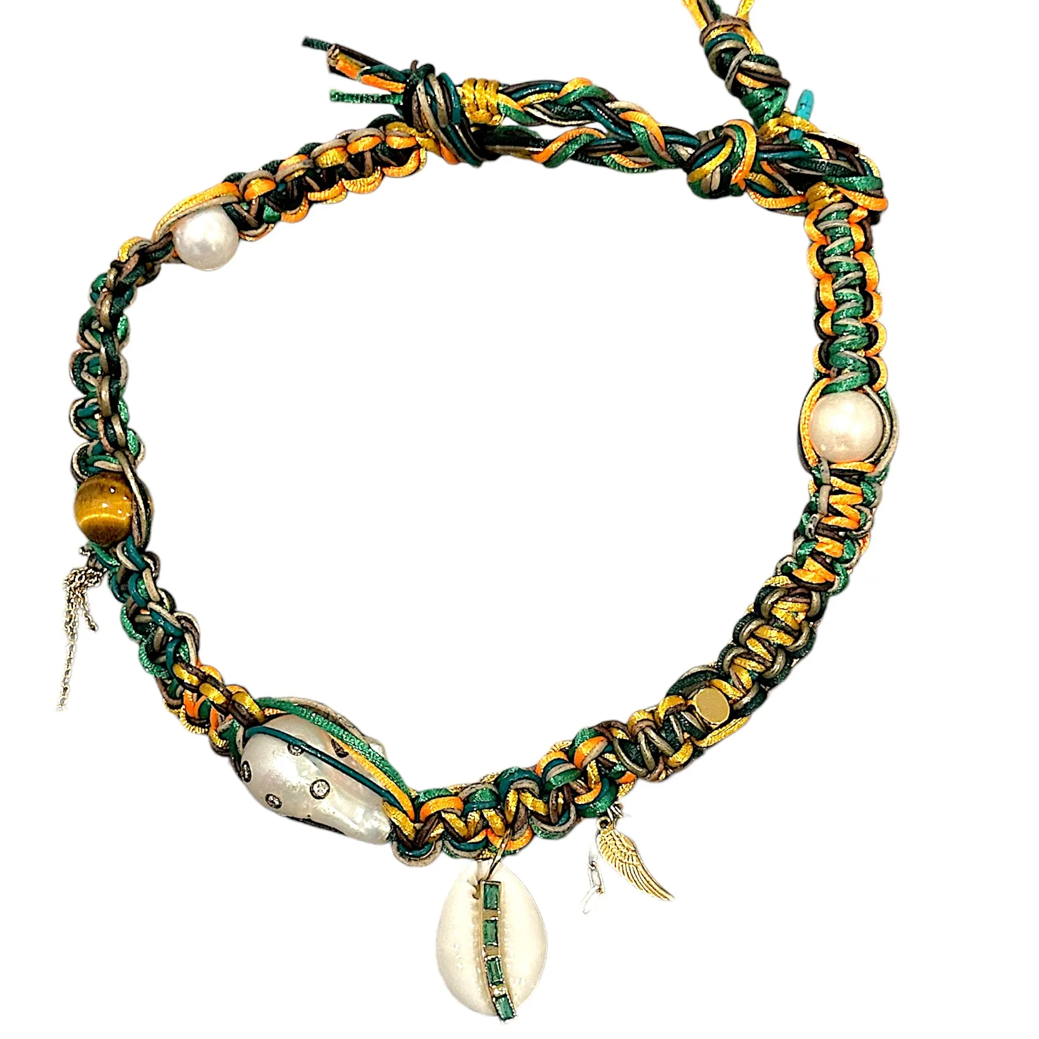 GREEN WITH ENVY EMERALD DIAMOND DELUXE COWRIE SHELL ROCKSTAR CHOKER