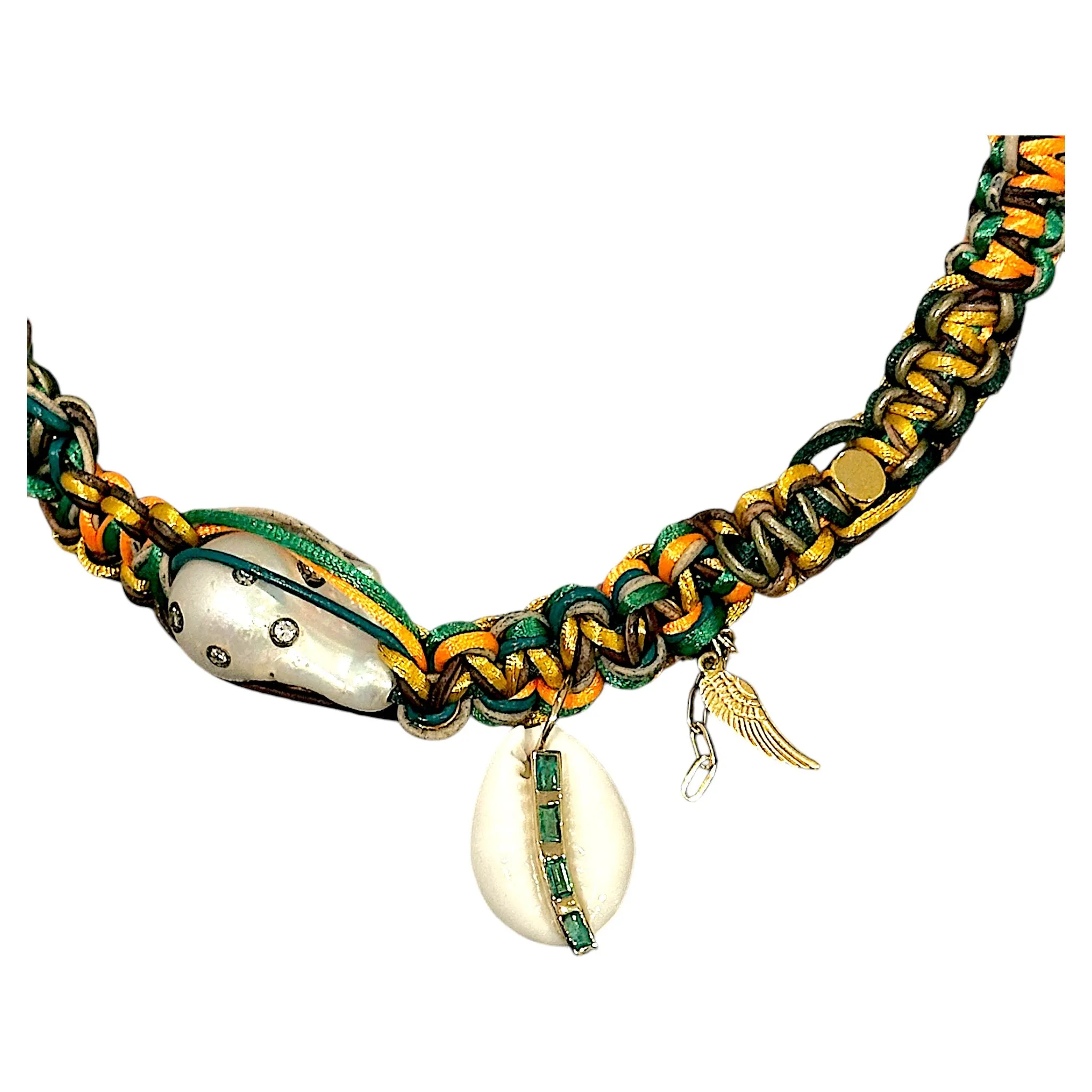 GREEN WITH ENVY EMERALD DIAMOND DELUXE COWRIE SHELL ROCKSTAR CHOKER