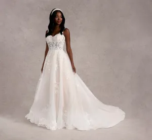 Hand Beaded 3D Floral Lace And Tulle A-Line Gown In Ivory Almond Nude