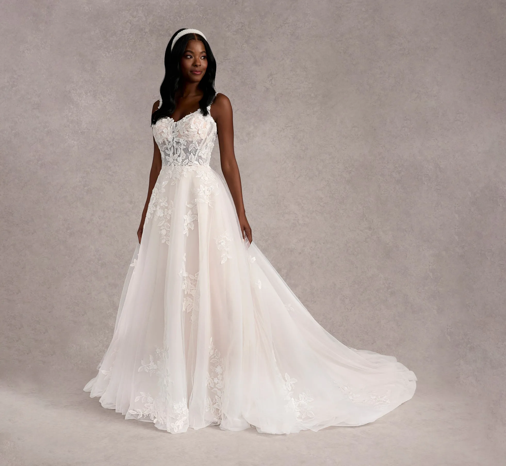 Hand Beaded 3D Floral Lace And Tulle A-Line Gown In Ivory Almond Nude
