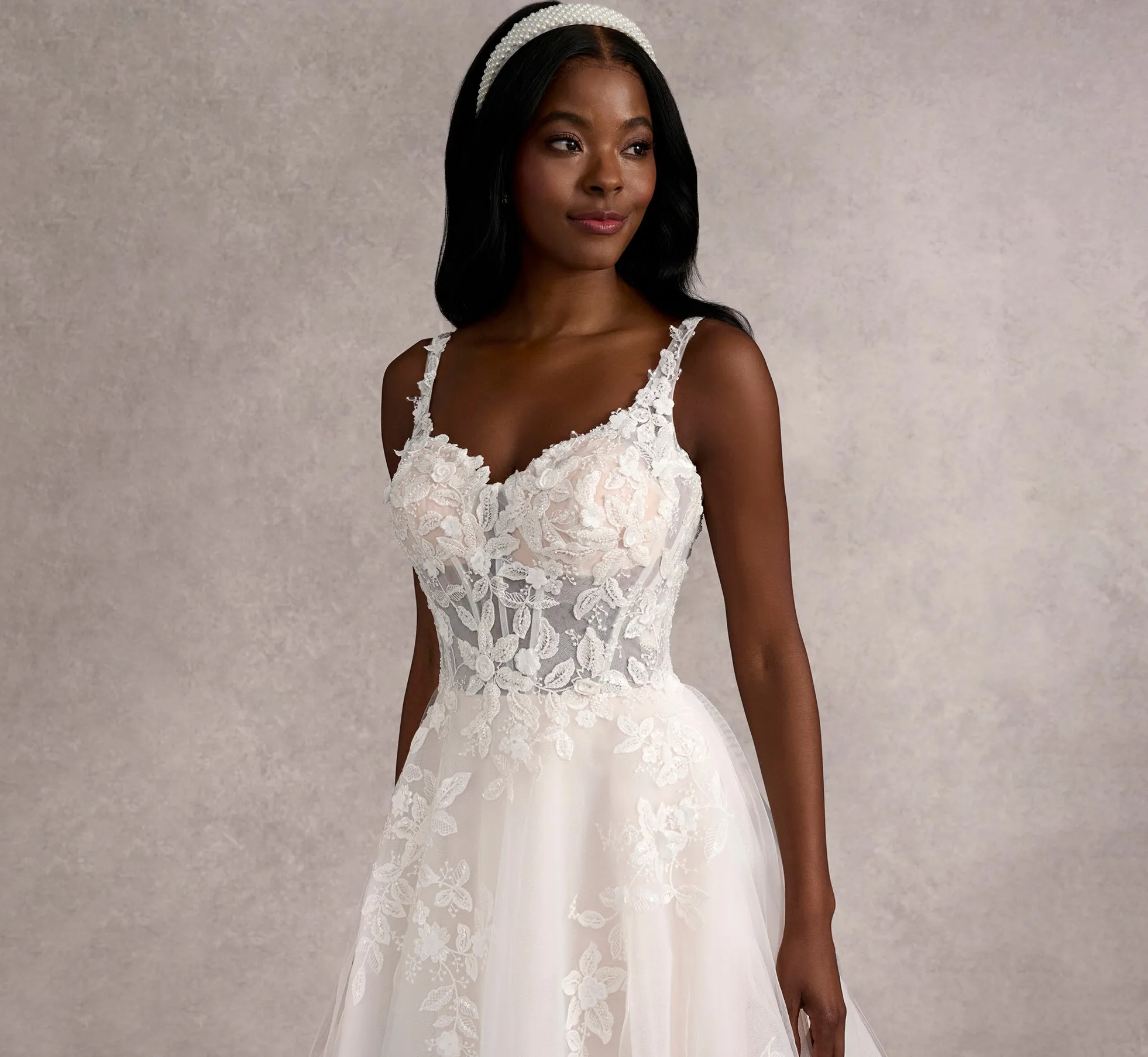 Hand Beaded 3D Floral Lace And Tulle A-Line Gown In Ivory Almond Nude