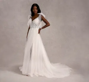Hand Beaded Lace A-Line Gown Sparkle Tulle In Ivory/Almond/Nude In Ivory Almond Nude