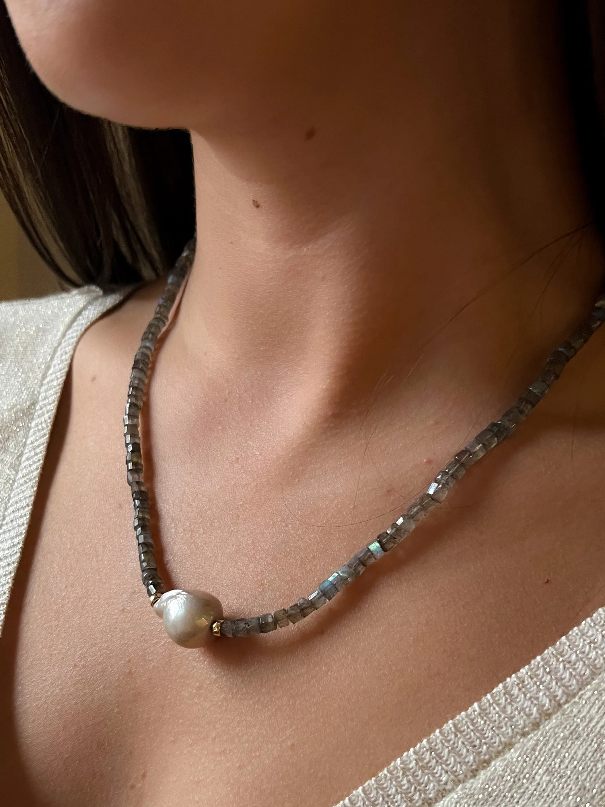 Heishi Labradorite and Baroque Pearl Necklace