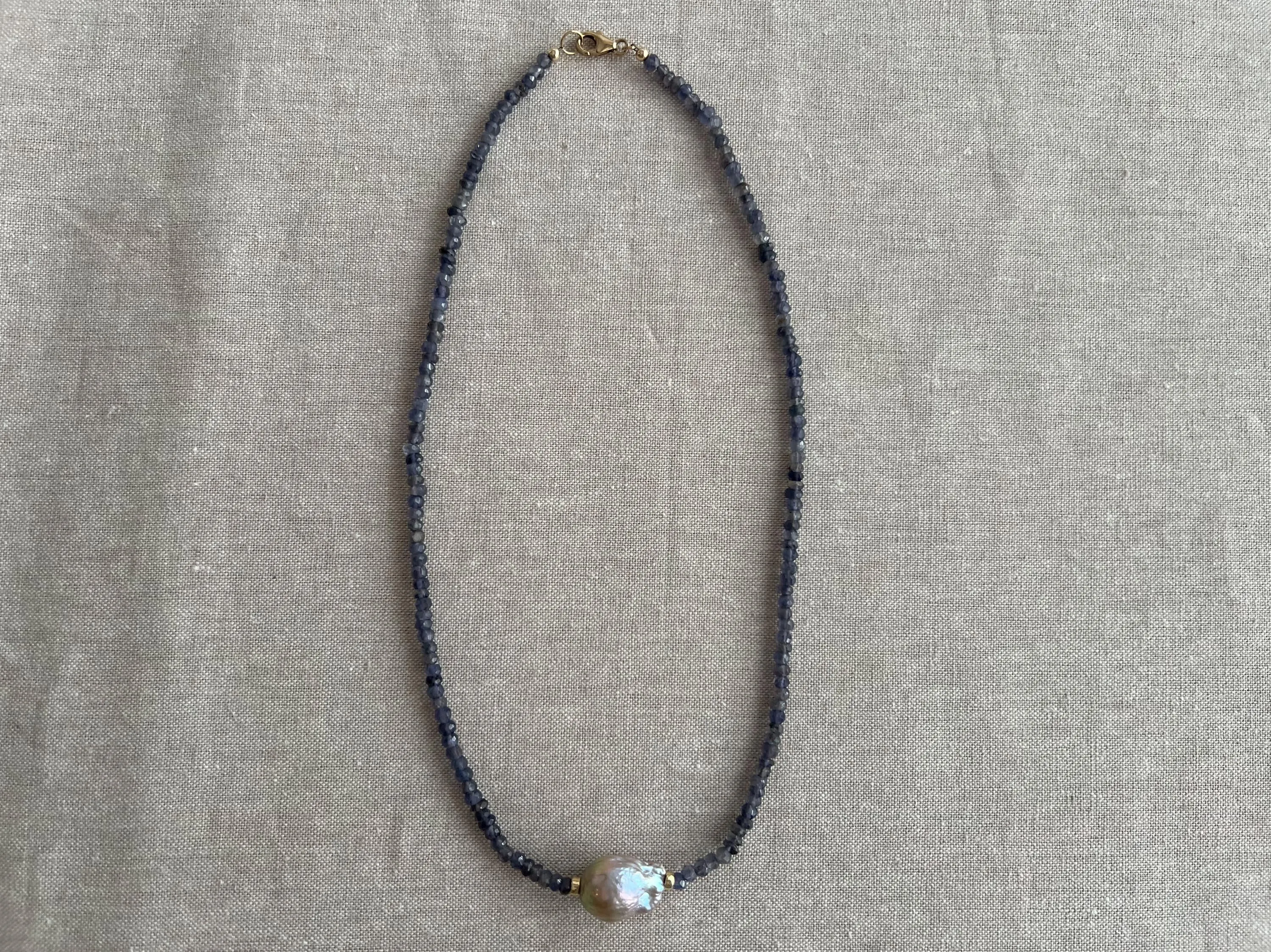 Iolite Necklace with Freshwater Baroque Pearl Accent, Gemstone Necklace, Gift for Her, Boho Necklace, Timeless Jewelry, Blue Gemstone