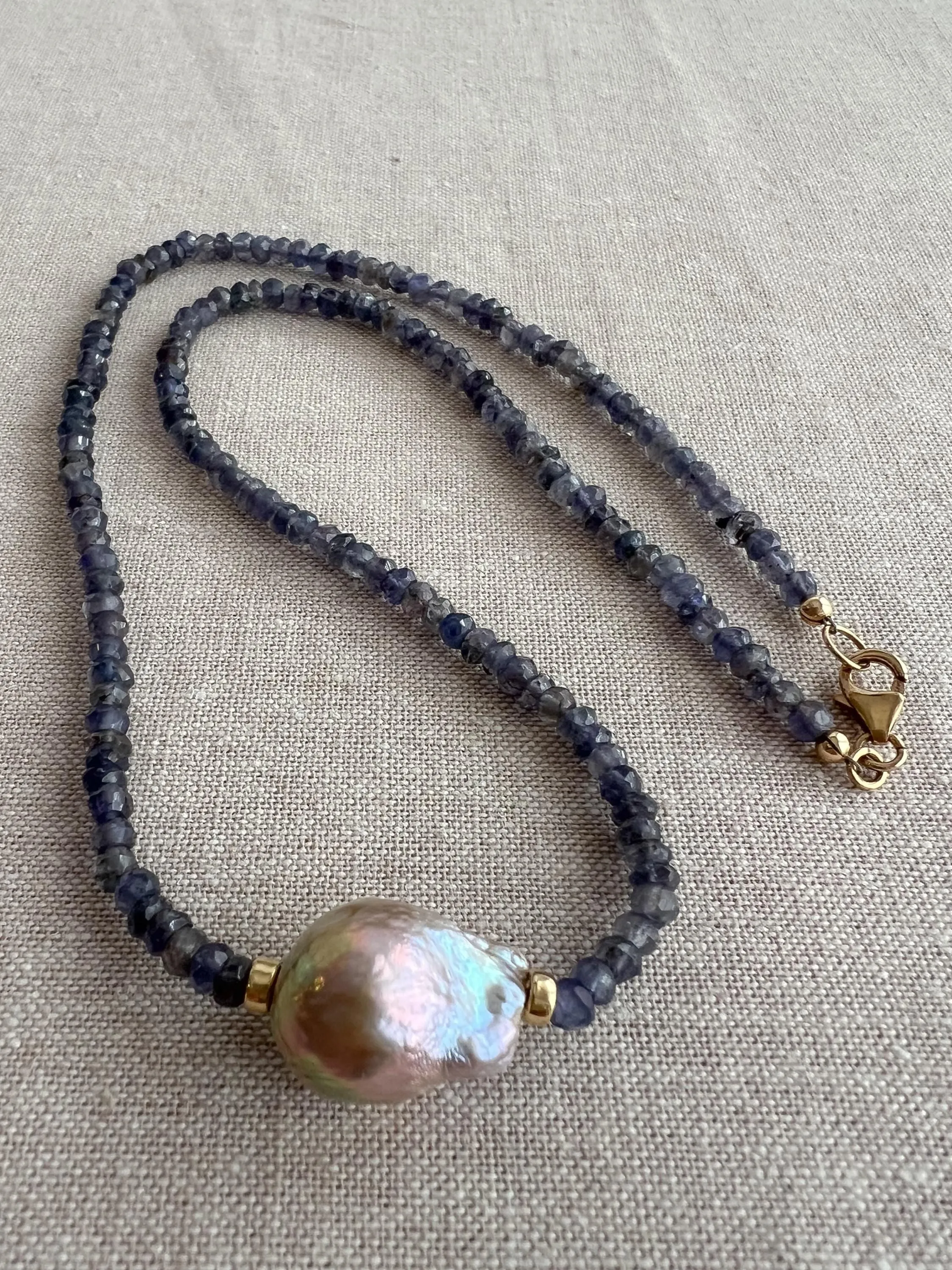 Iolite Necklace with Freshwater Baroque Pearl Accent, Gemstone Necklace, Gift for Her, Boho Necklace, Timeless Jewelry, Blue Gemstone