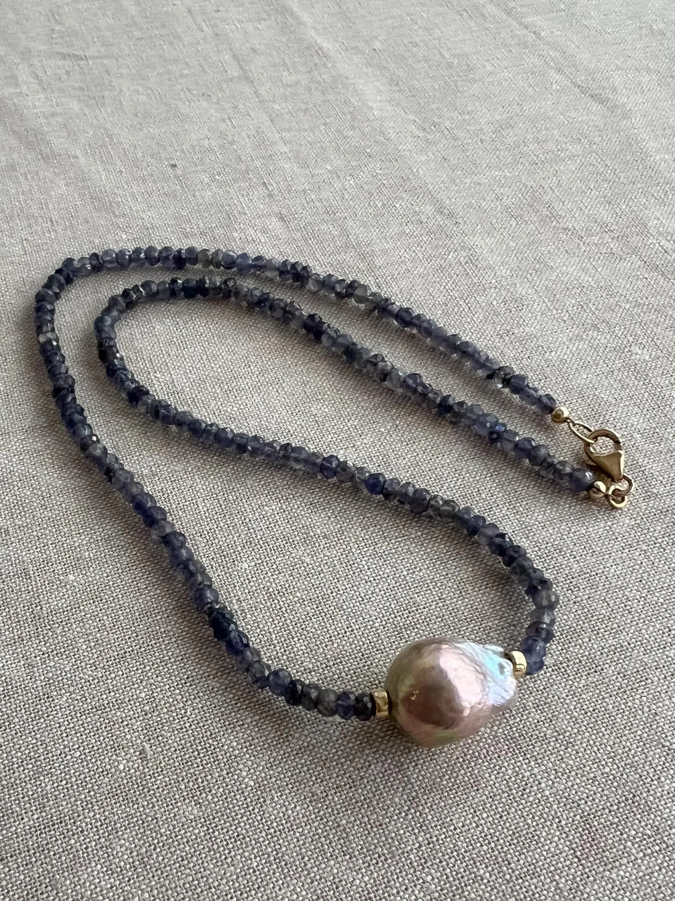 Iolite Necklace with Freshwater Baroque Pearl Accent, Gemstone Necklace, Gift for Her, Boho Necklace, Timeless Jewelry, Blue Gemstone