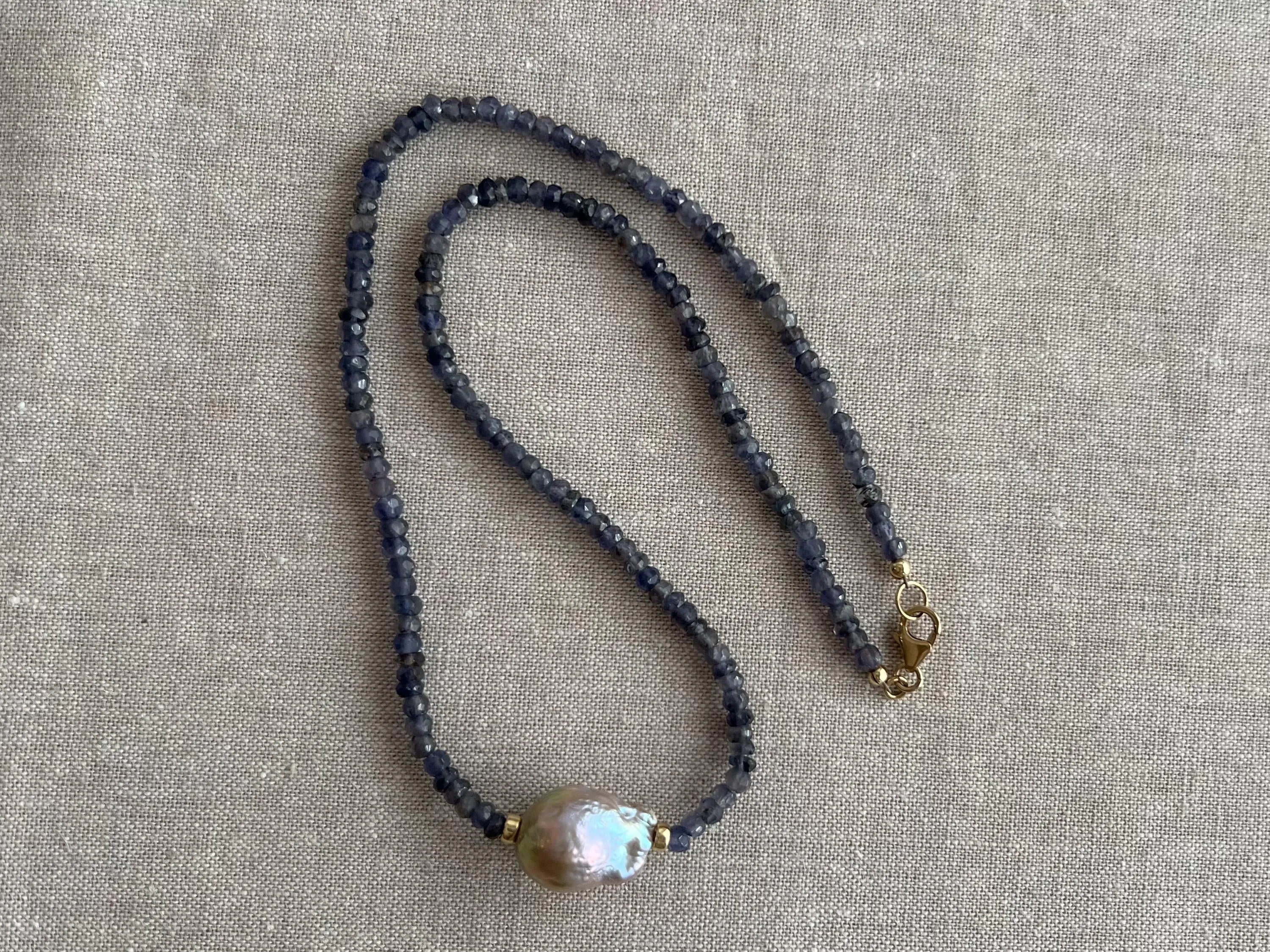 Iolite Necklace with Freshwater Baroque Pearl Accent, Gemstone Necklace, Gift for Her, Boho Necklace, Timeless Jewelry, Blue Gemstone