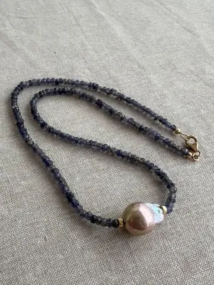 Iolite Necklace with Freshwater Baroque Pearl Accent, Gemstone Necklace, Gift for Her, Boho Necklace, Timeless Jewelry, Blue Gemstone