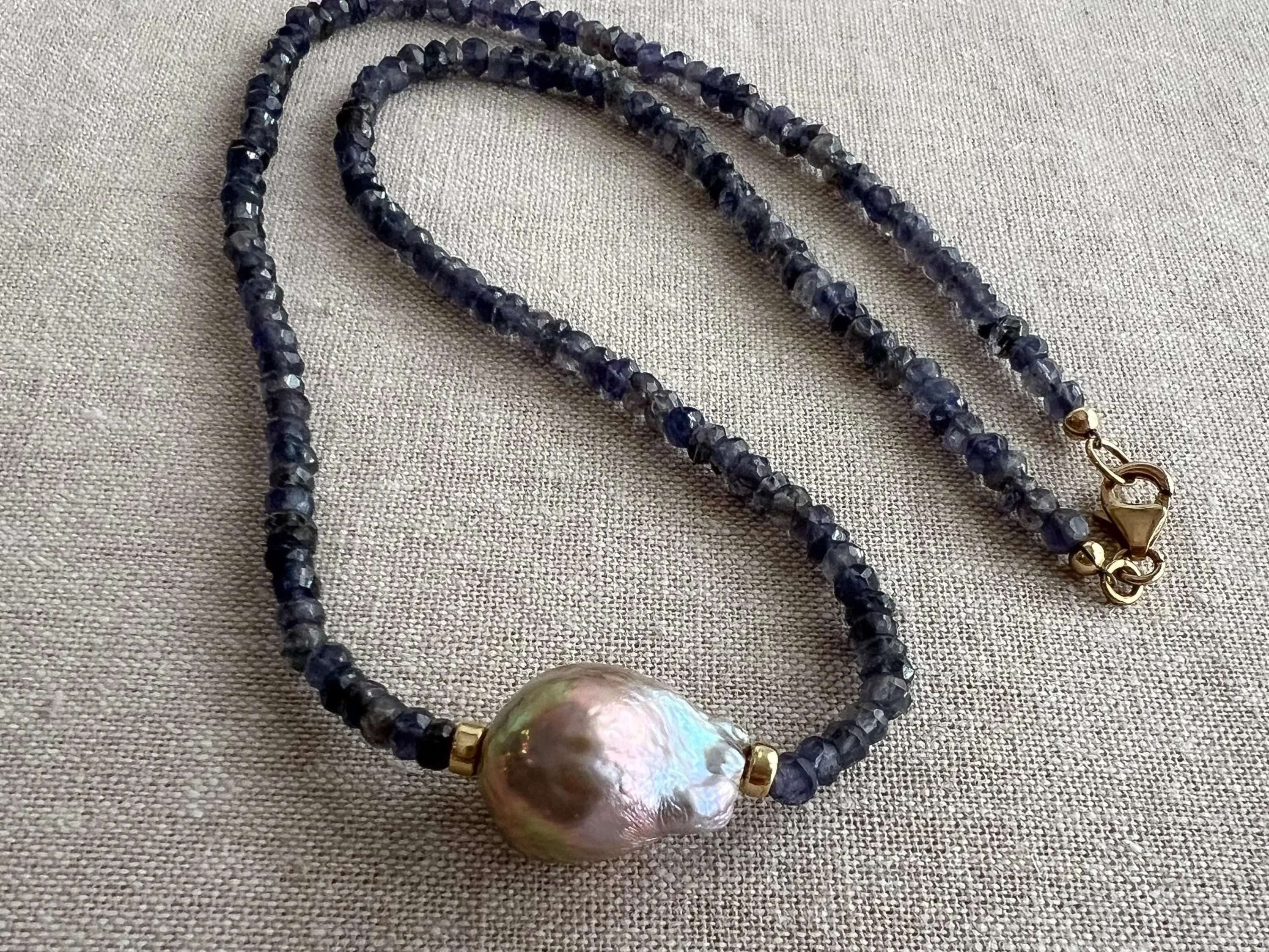 Iolite Necklace with Freshwater Baroque Pearl Accent, Gemstone Necklace, Gift for Her, Boho Necklace, Timeless Jewelry, Blue Gemstone