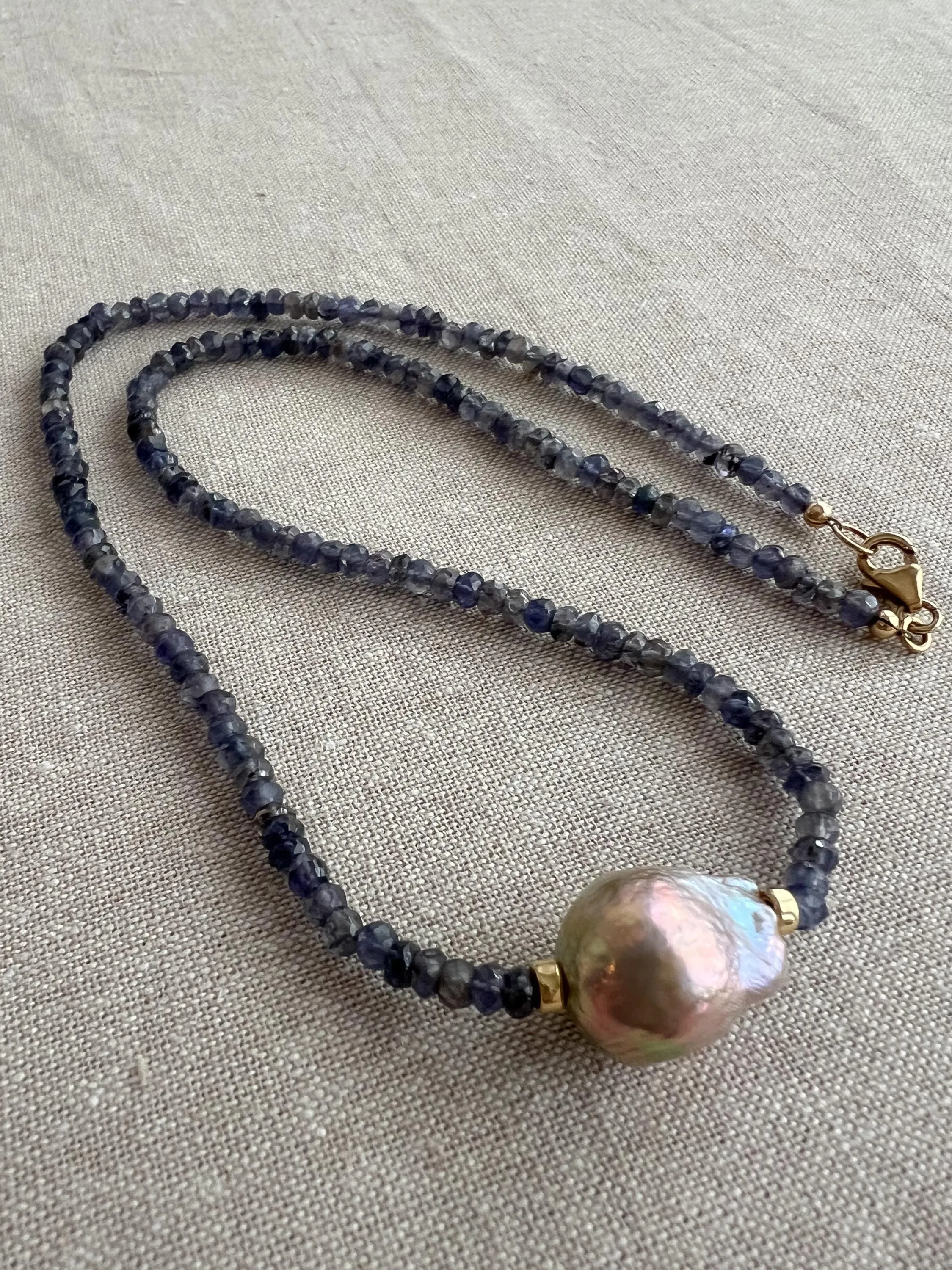 Iolite Necklace with Freshwater Baroque Pearl Accent, Gemstone Necklace, Gift for Her, Boho Necklace, Timeless Jewelry, Blue Gemstone