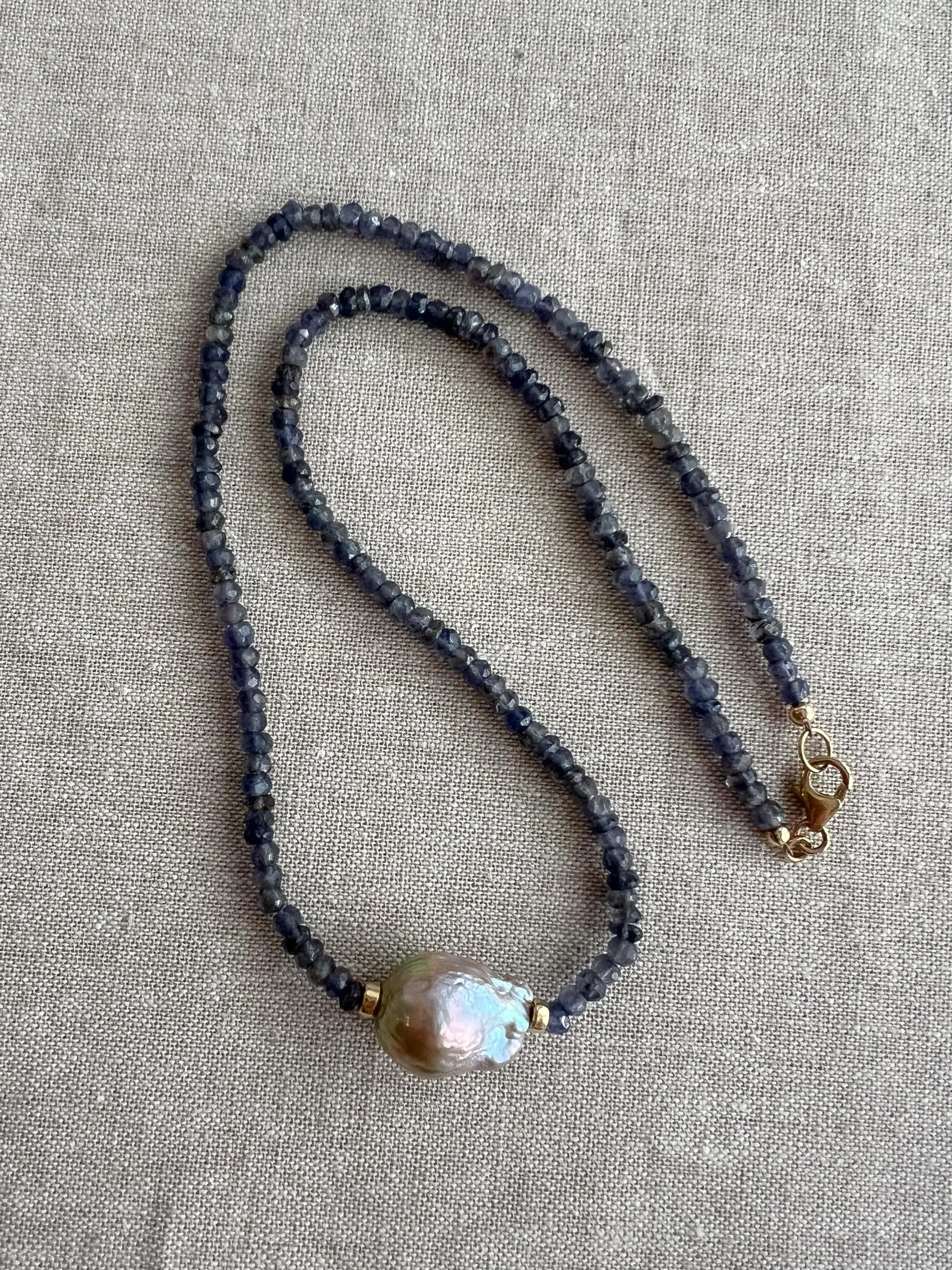 Iolite Necklace with Freshwater Baroque Pearl Accent, Gemstone Necklace, Gift for Her, Boho Necklace, Timeless Jewelry, Blue Gemstone