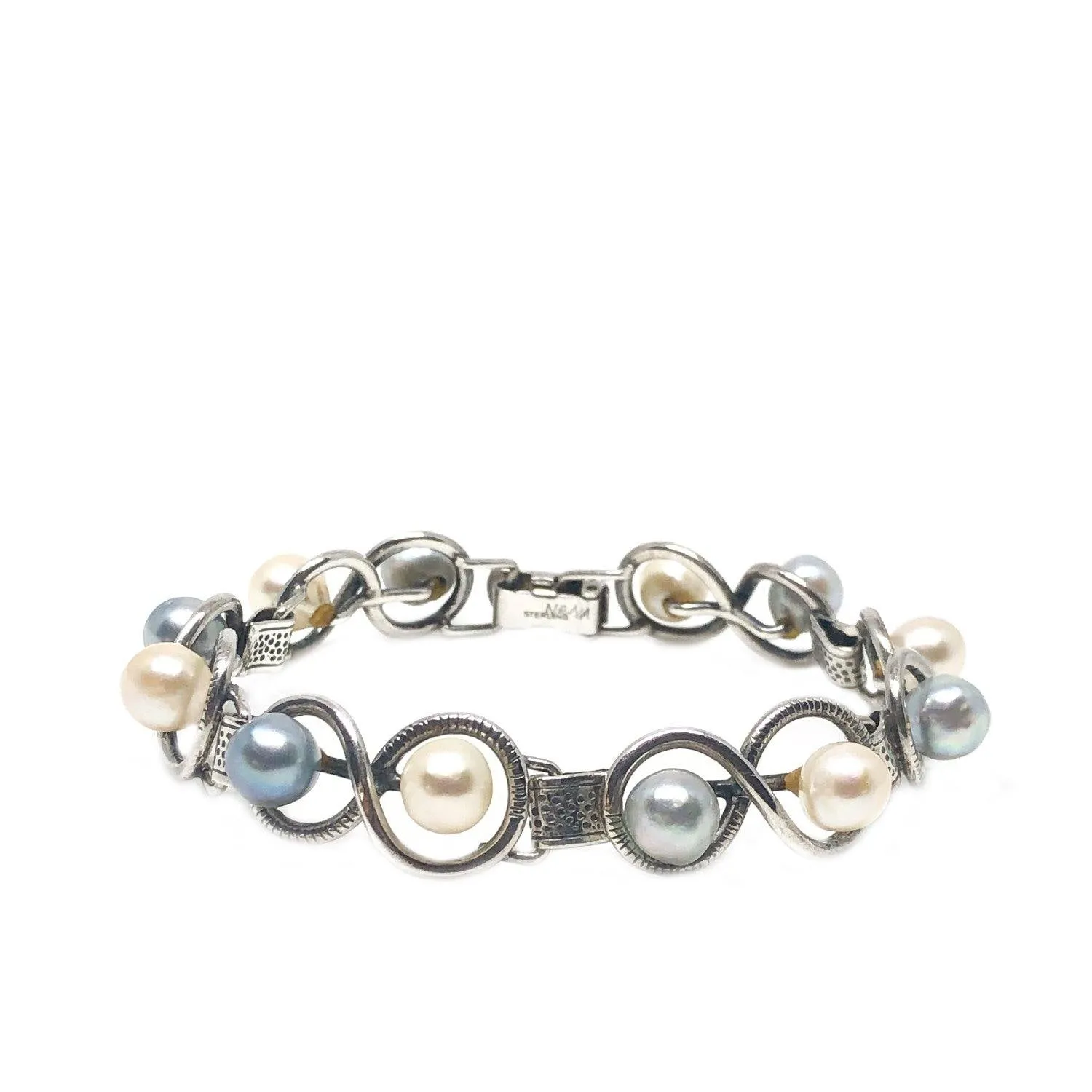 Japanese Blue & White Saltwater Akoya Cultured Pearl Bracelet Mings of Honolulu- Sterling Silver