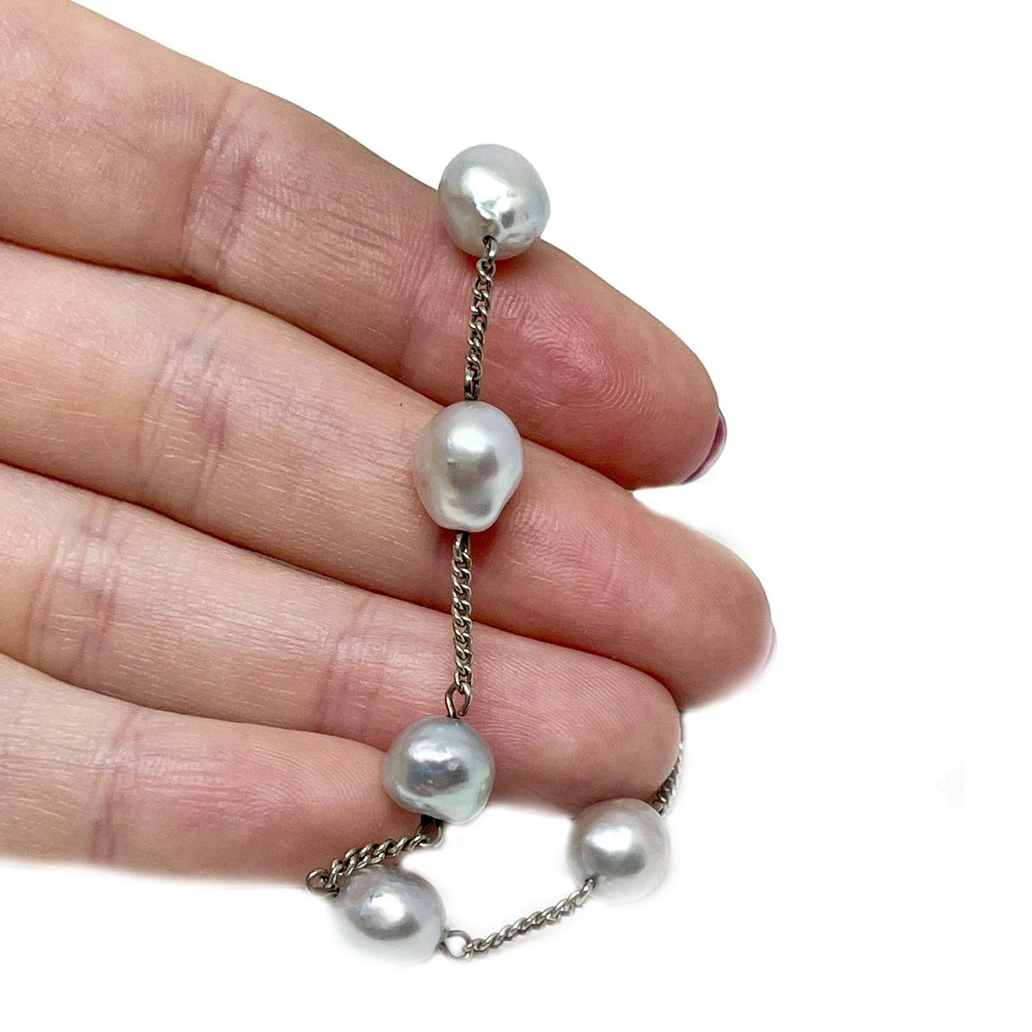 Japanese Blue Saltwater Akoya Cultured Pearl Chain Bracelet- Sterling Silver