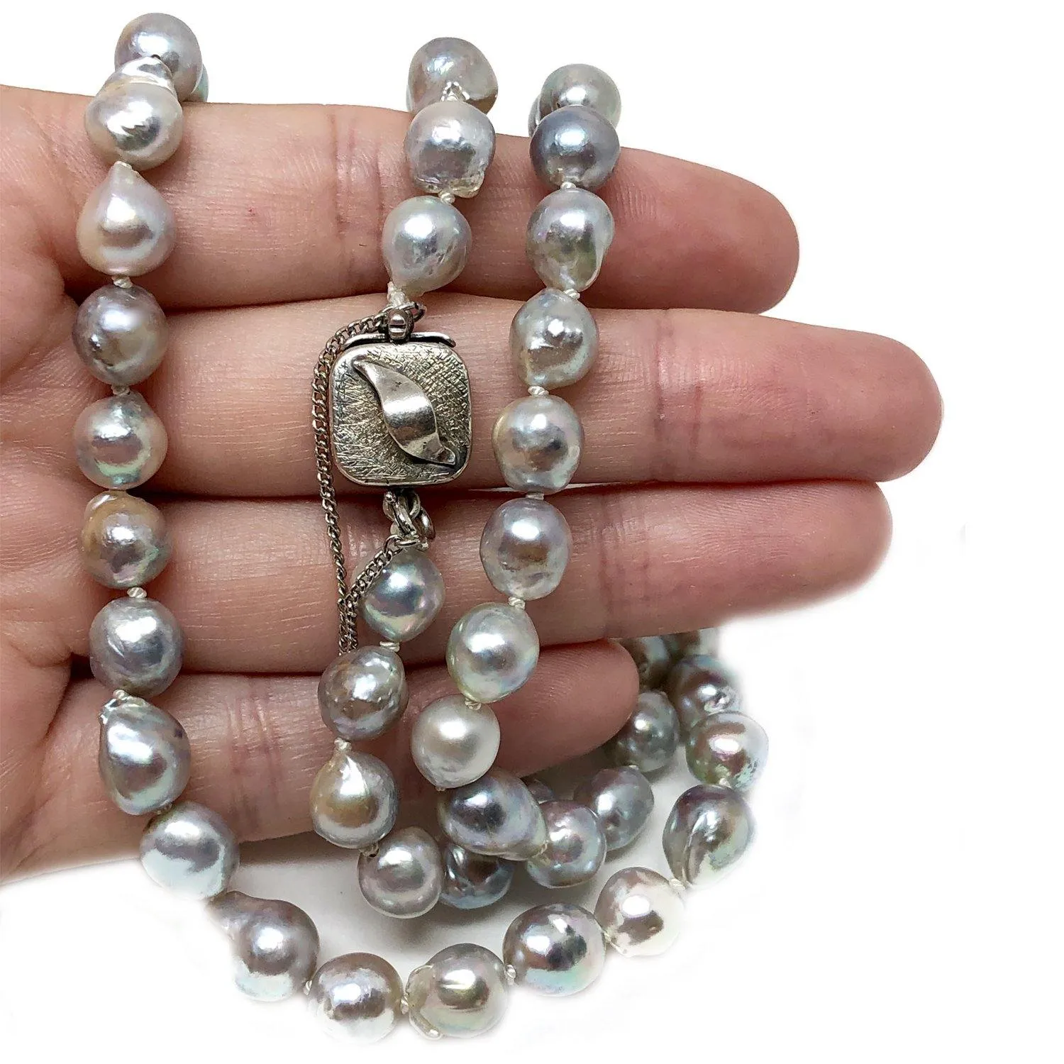 Japanese Saltwater Cultured Blue Akoya Pearl Leaf Necklace - Sterling Silver 26 Inch