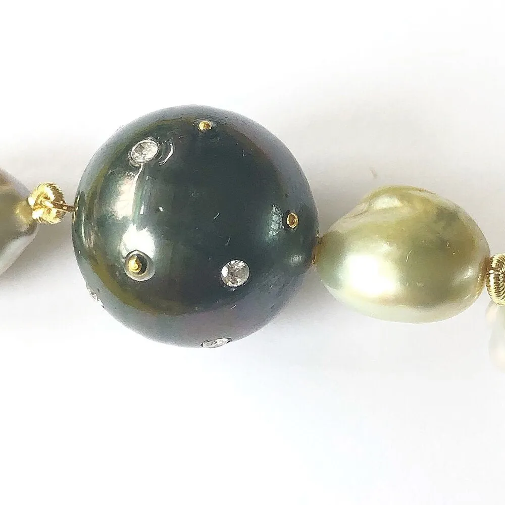 Keshi Pearls Necklace in White & Tahitians with Round Golden South Sea Pearls and a Tahitian and Diamond Gemstone Pearl Clasp