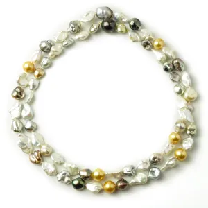 Keshi Pearls Necklace in White & Tahitians with Round Golden South Sea Pearls and a Tahitian and Diamond Gemstone Pearl Clasp