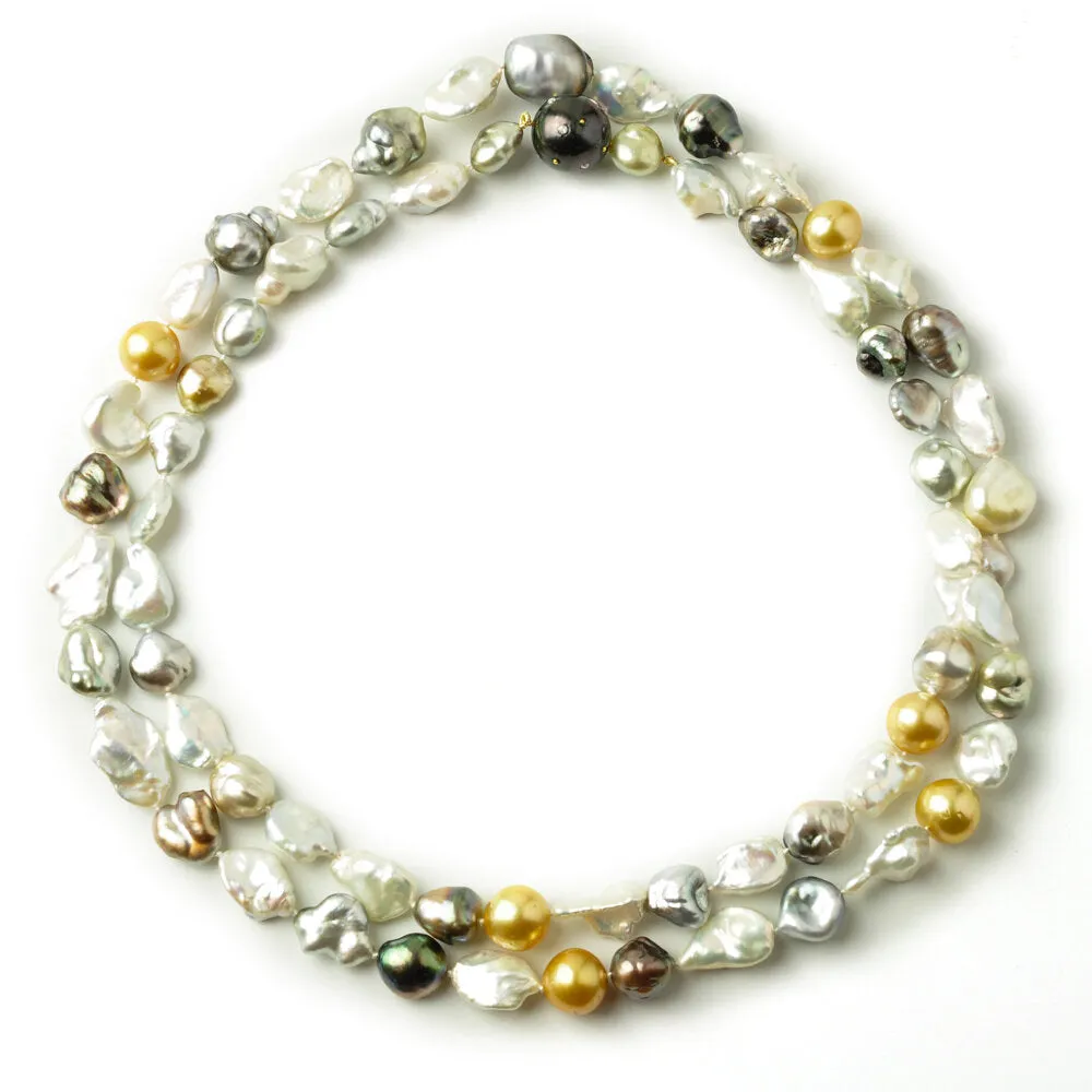 Keshi Pearls Necklace in White & Tahitians with Round Golden South Sea Pearls and a Tahitian and Diamond Gemstone Pearl Clasp