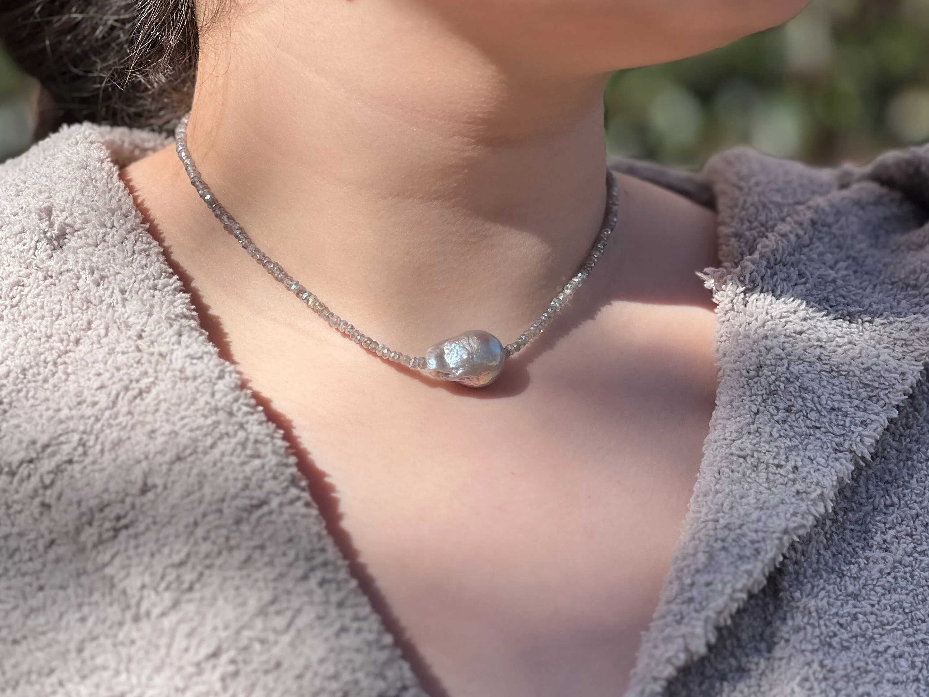 Labradorite Necklace with Baroque Pearl Accent, Gemstone Necklace, Gifts for Her, Mother's Day, Boho Style, Fall Jewelry,