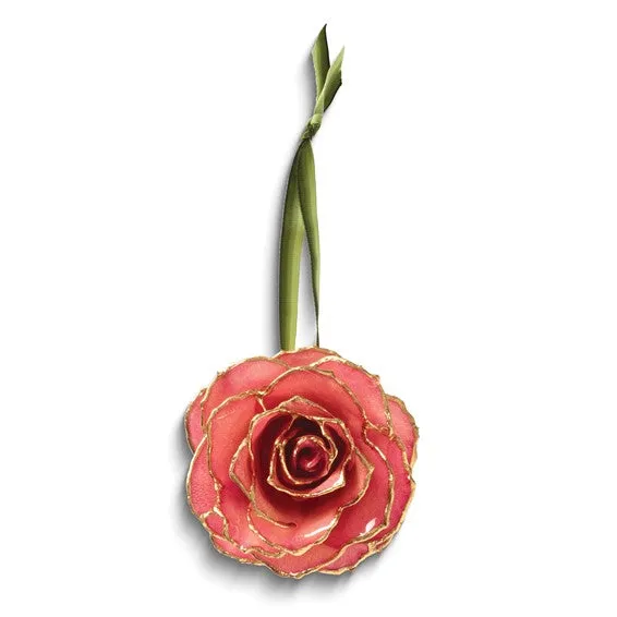 Lacquer Dipped 24k Gold Trim Pink Decorative Rose Ornament