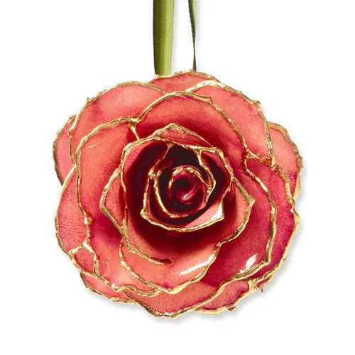 Lacquer Dipped 24k Gold Trim Pink Decorative Rose Ornament