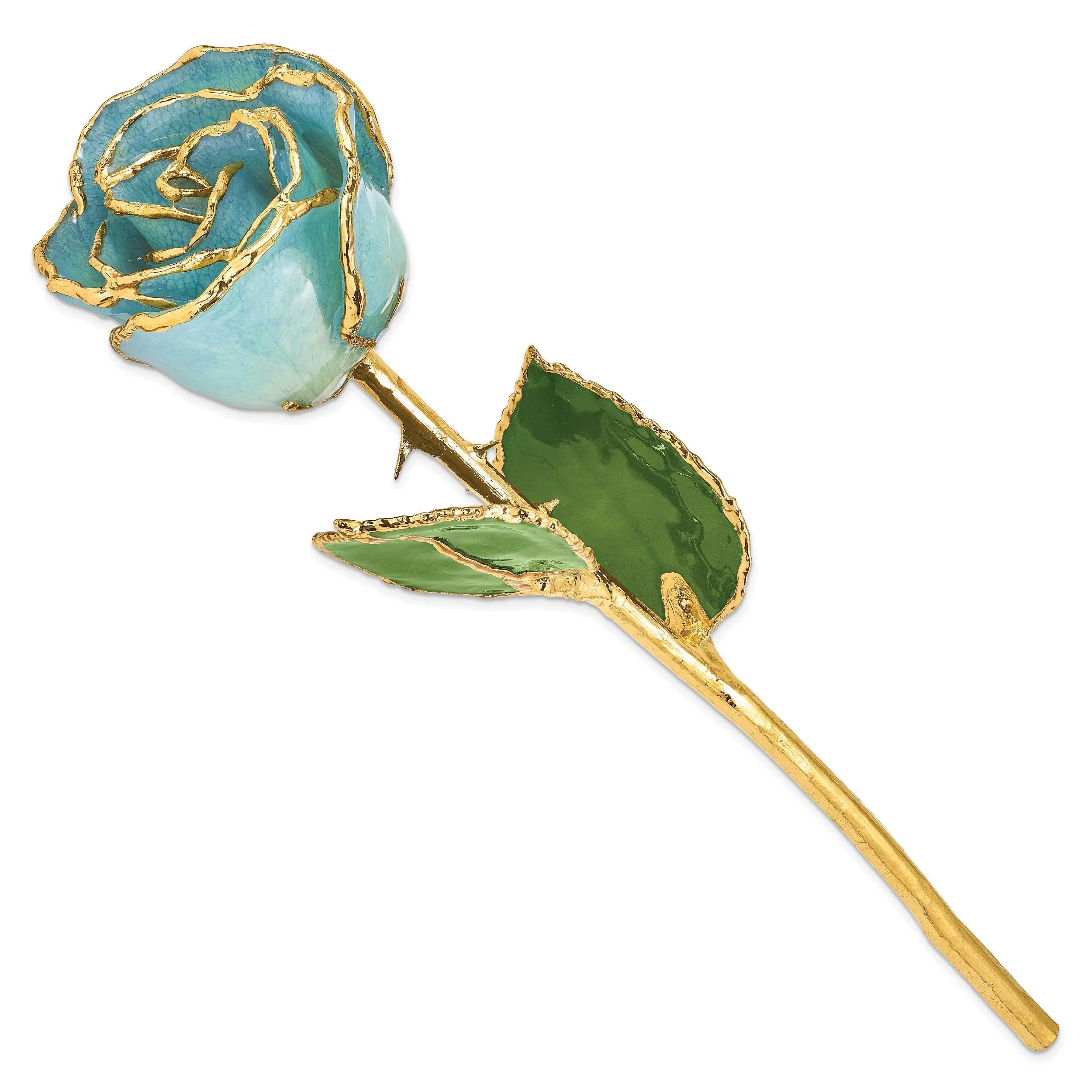 Lacquer Dipped Gold Trim Aquamarine Blue Rose