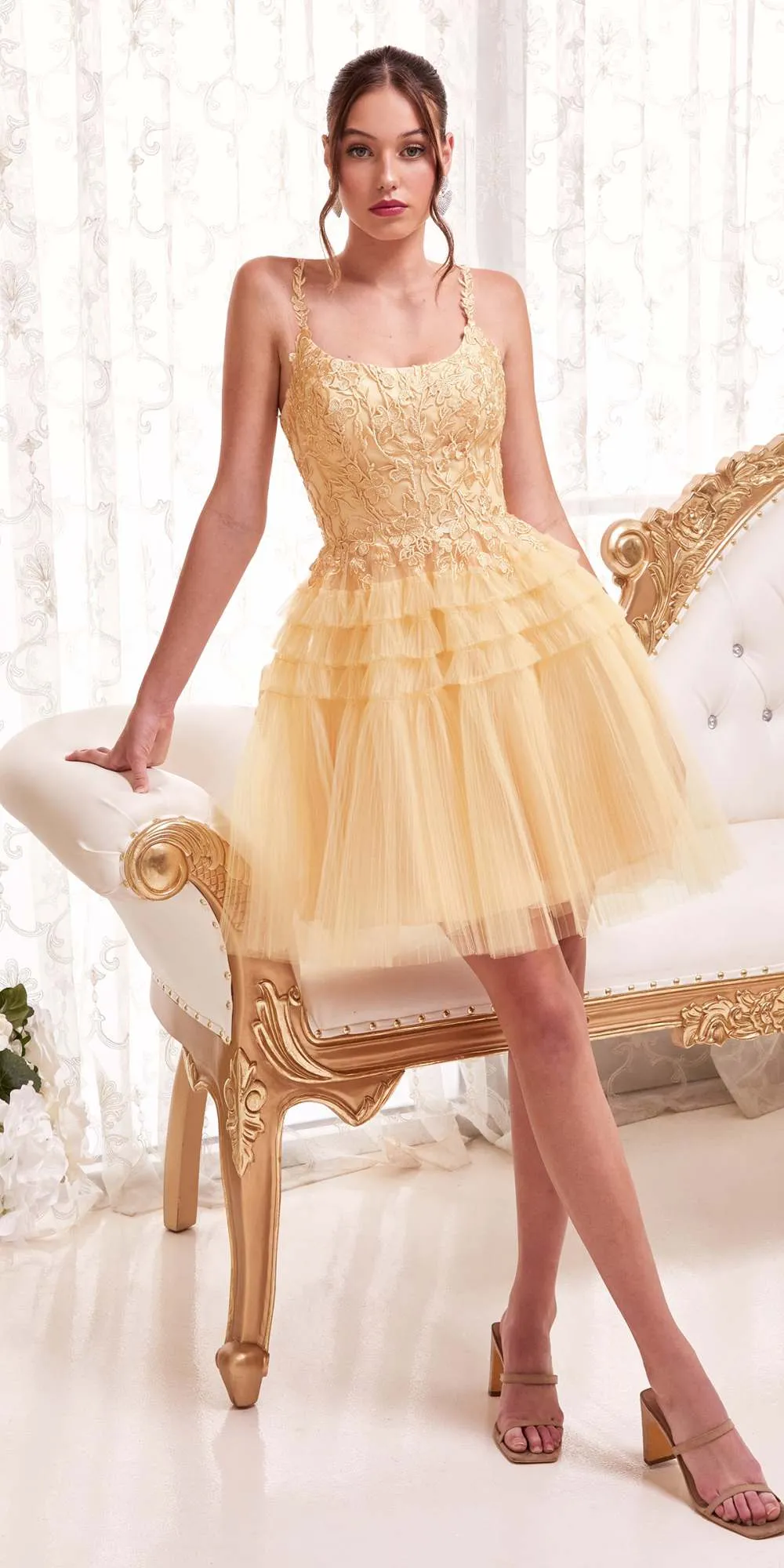 Ladivine 9310 Short A-Line Tiered Tulle Scoop Neckline Cocktail Dress