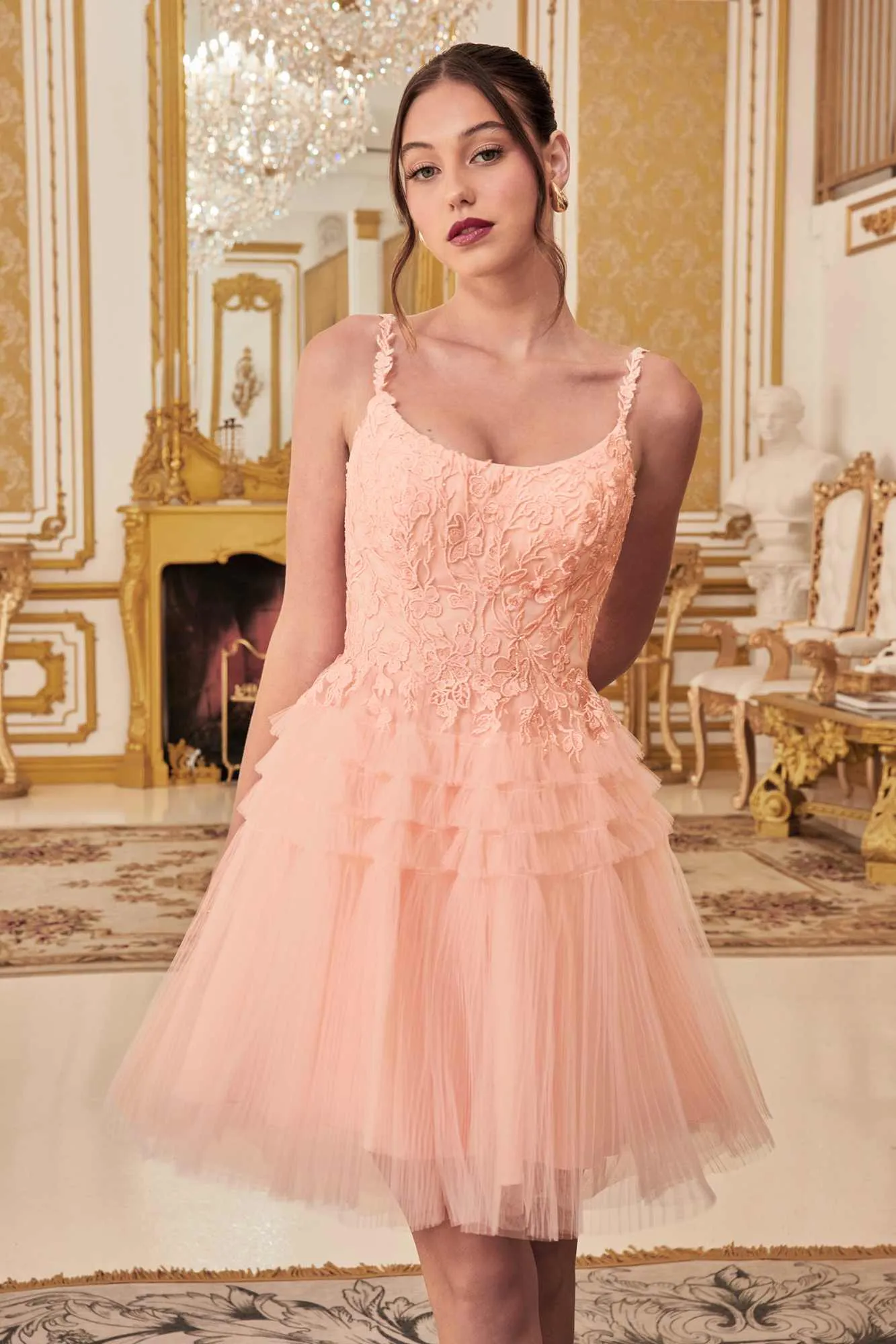 Ladivine 9310 Short A-Line Tiered Tulle Scoop Neckline Cocktail Dress