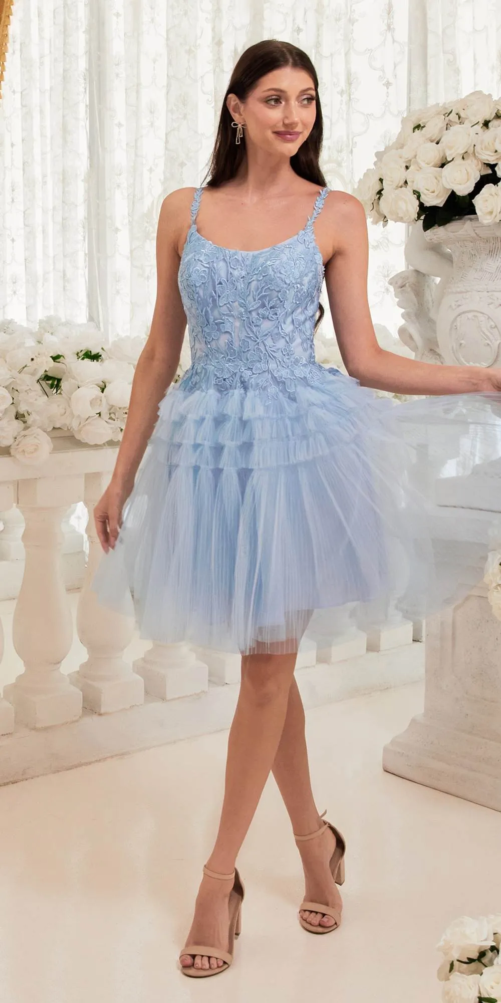 Ladivine 9310 Short A-Line Tiered Tulle Scoop Neckline Cocktail Dress