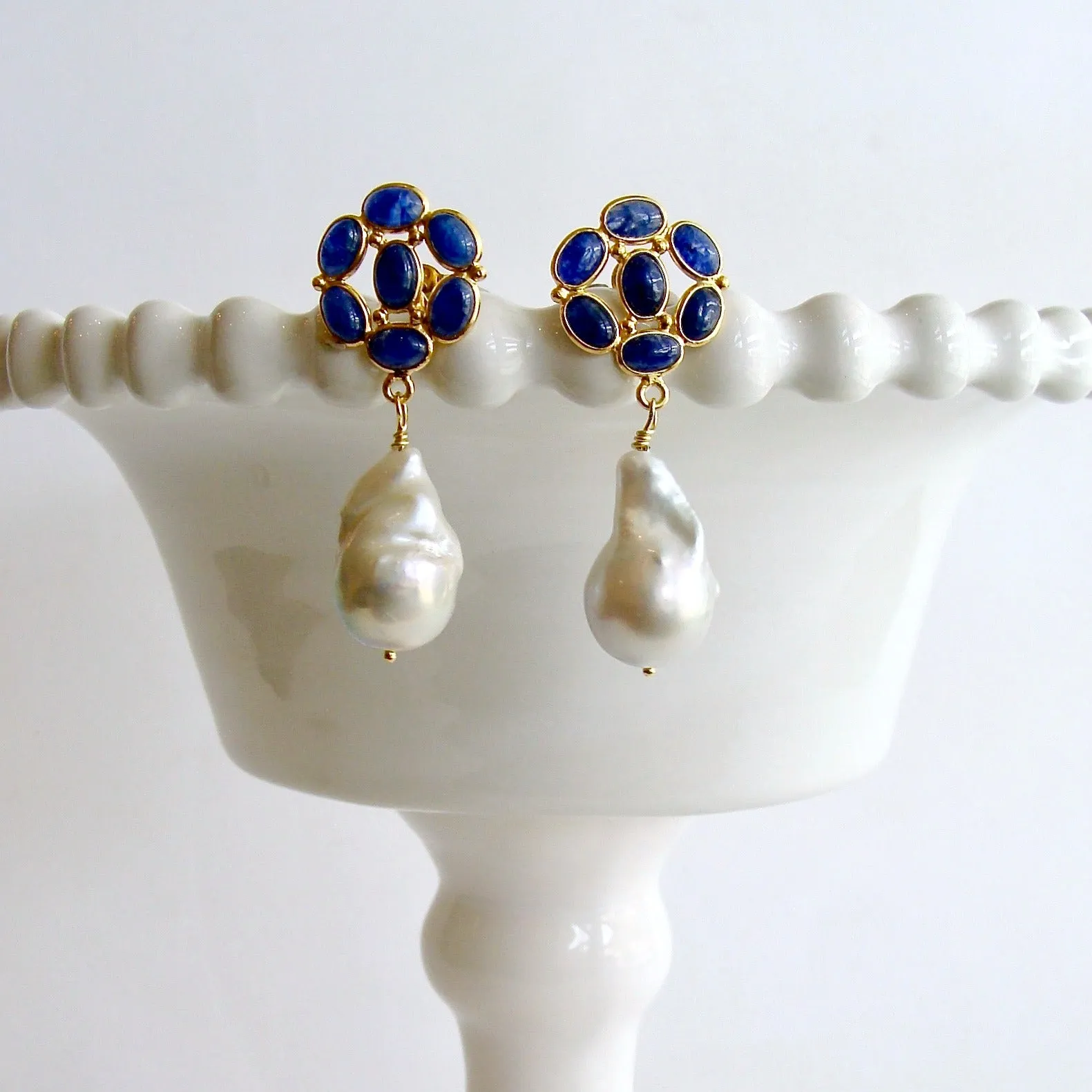 Lapis Lazuli Baroque Flameball Pearl Dangle Earrings