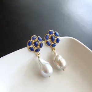 Lapis Lazuli Baroque Flameball Pearl Dangle Earrings