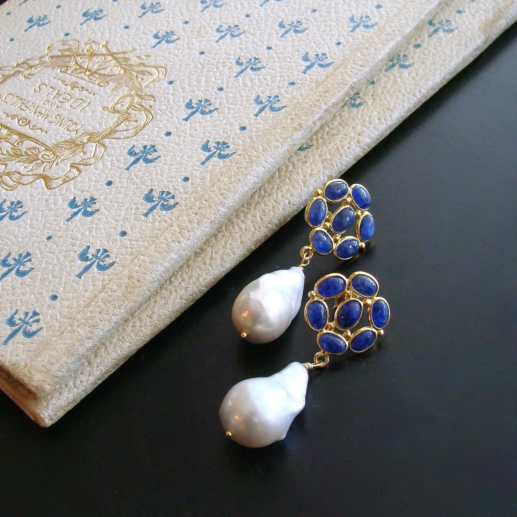 Lapis Lazuli Baroque Flameball Pearl Dangle Earrings