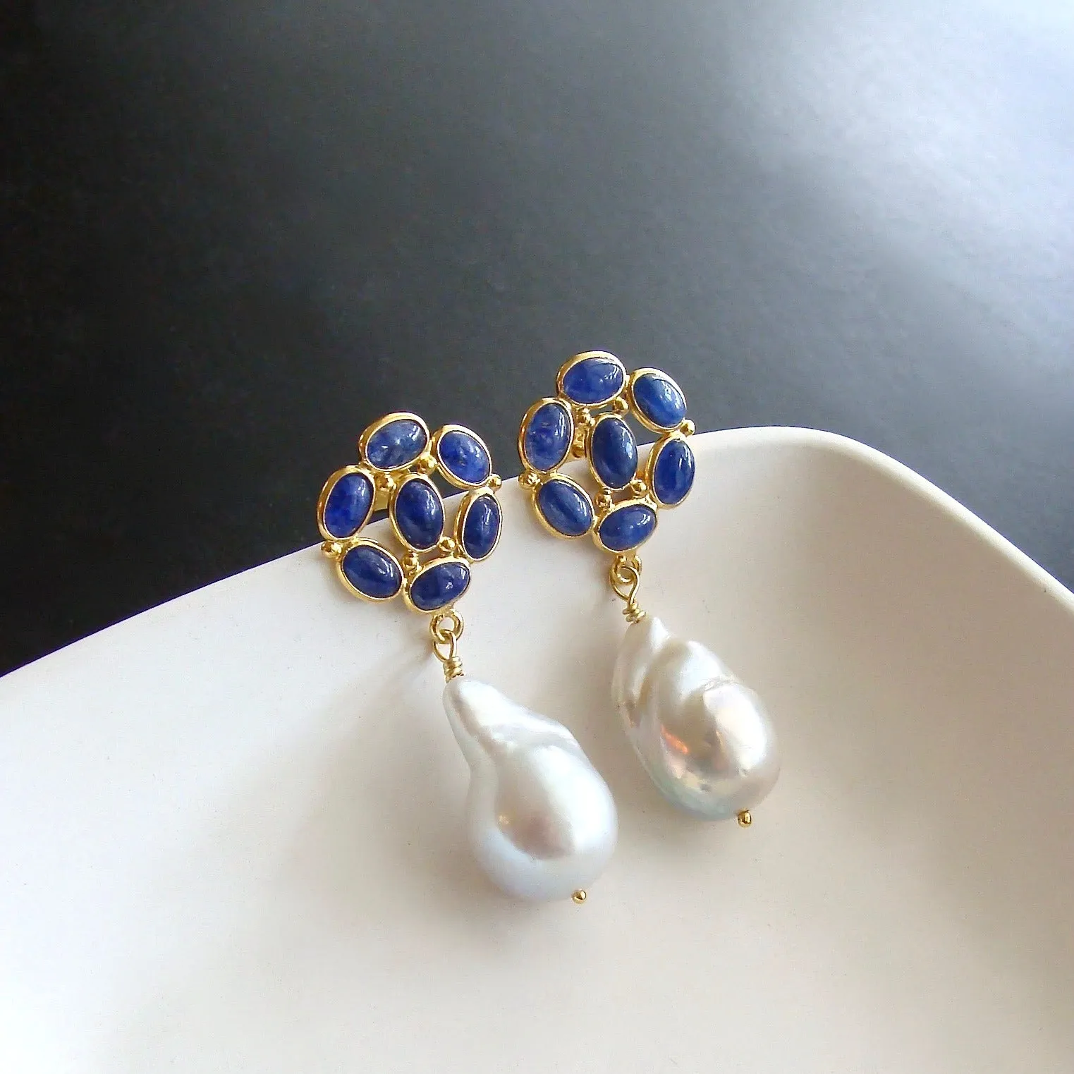 Lapis Lazuli Baroque Flameball Pearl Dangle Earrings