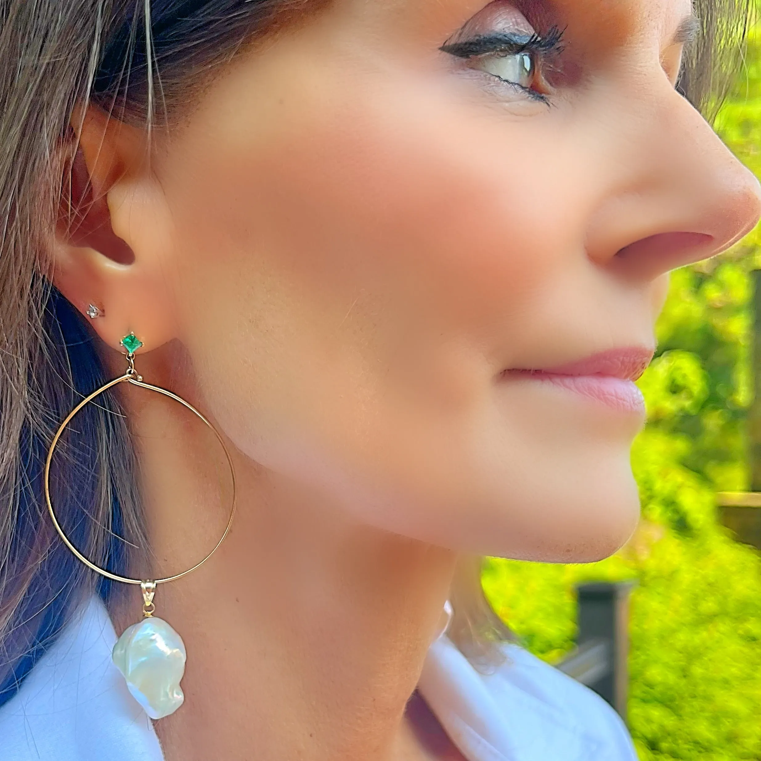 Large 14K gold Hoops with Emeralds and Baroque Pearls