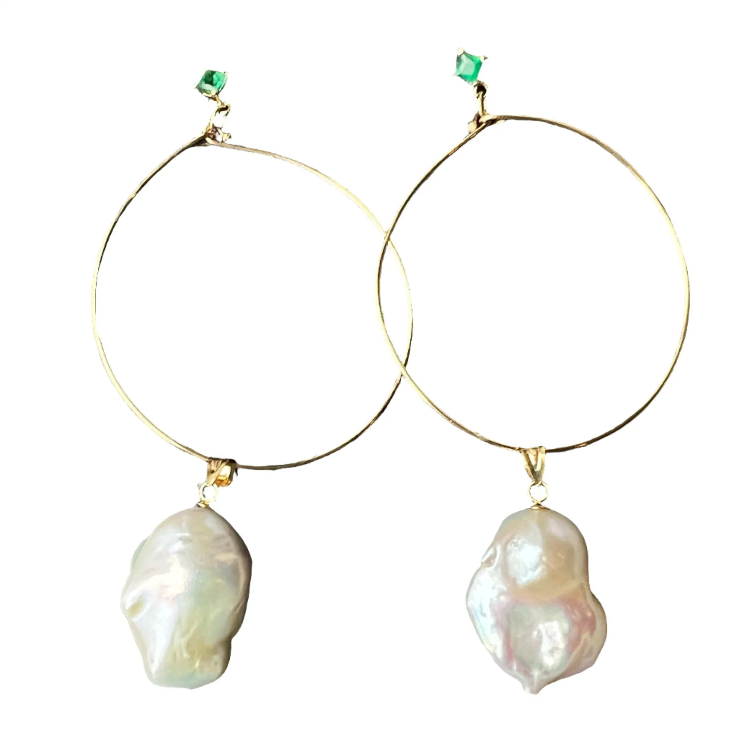 Large 14K gold Hoops with Emeralds and Baroque Pearls