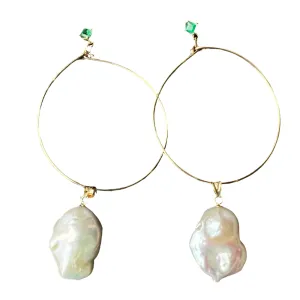 Large 14K gold Hoops with Emeralds and Baroque Pearls