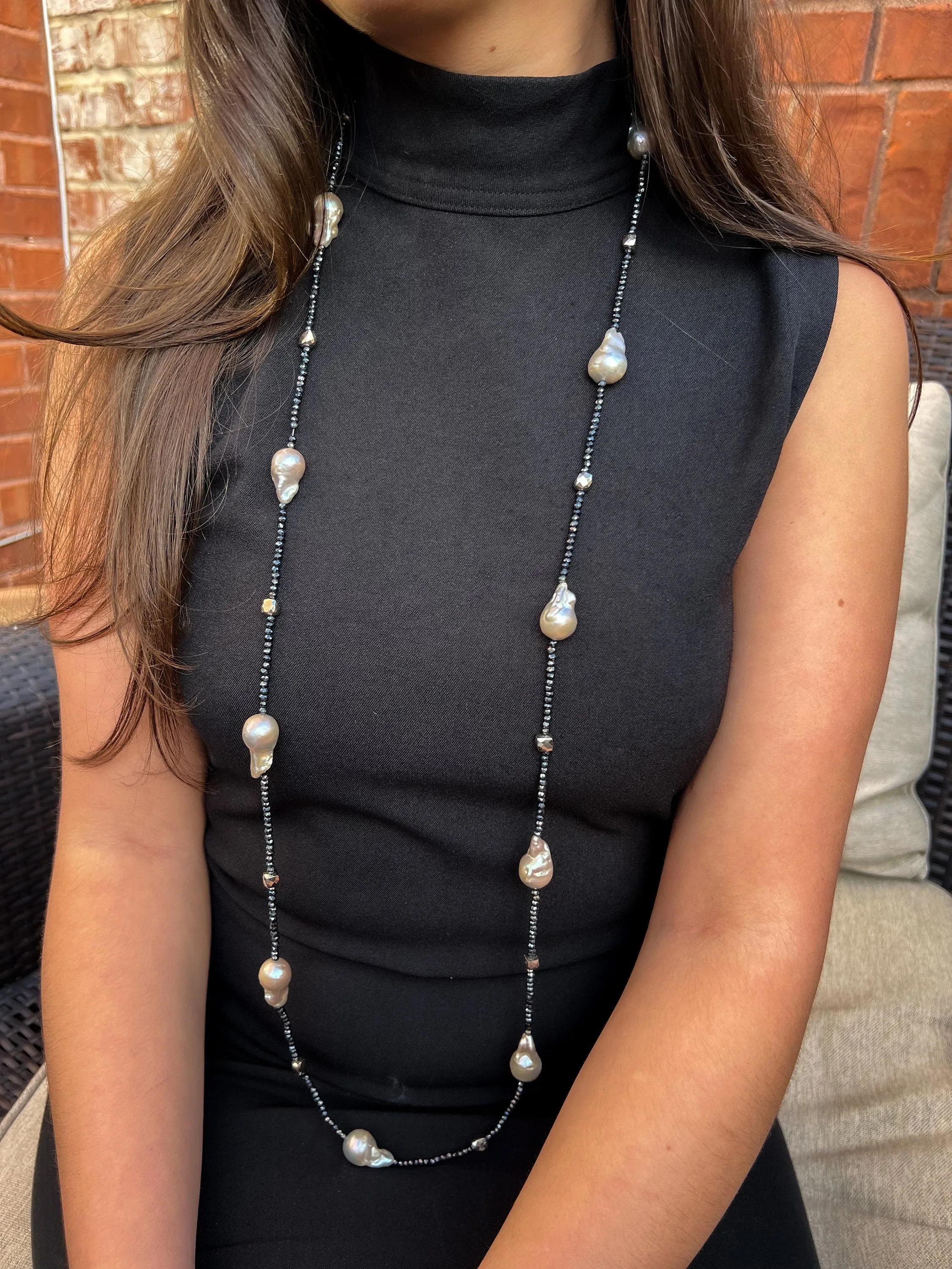 Long Baroque Pearl and Black Spinel Necklace