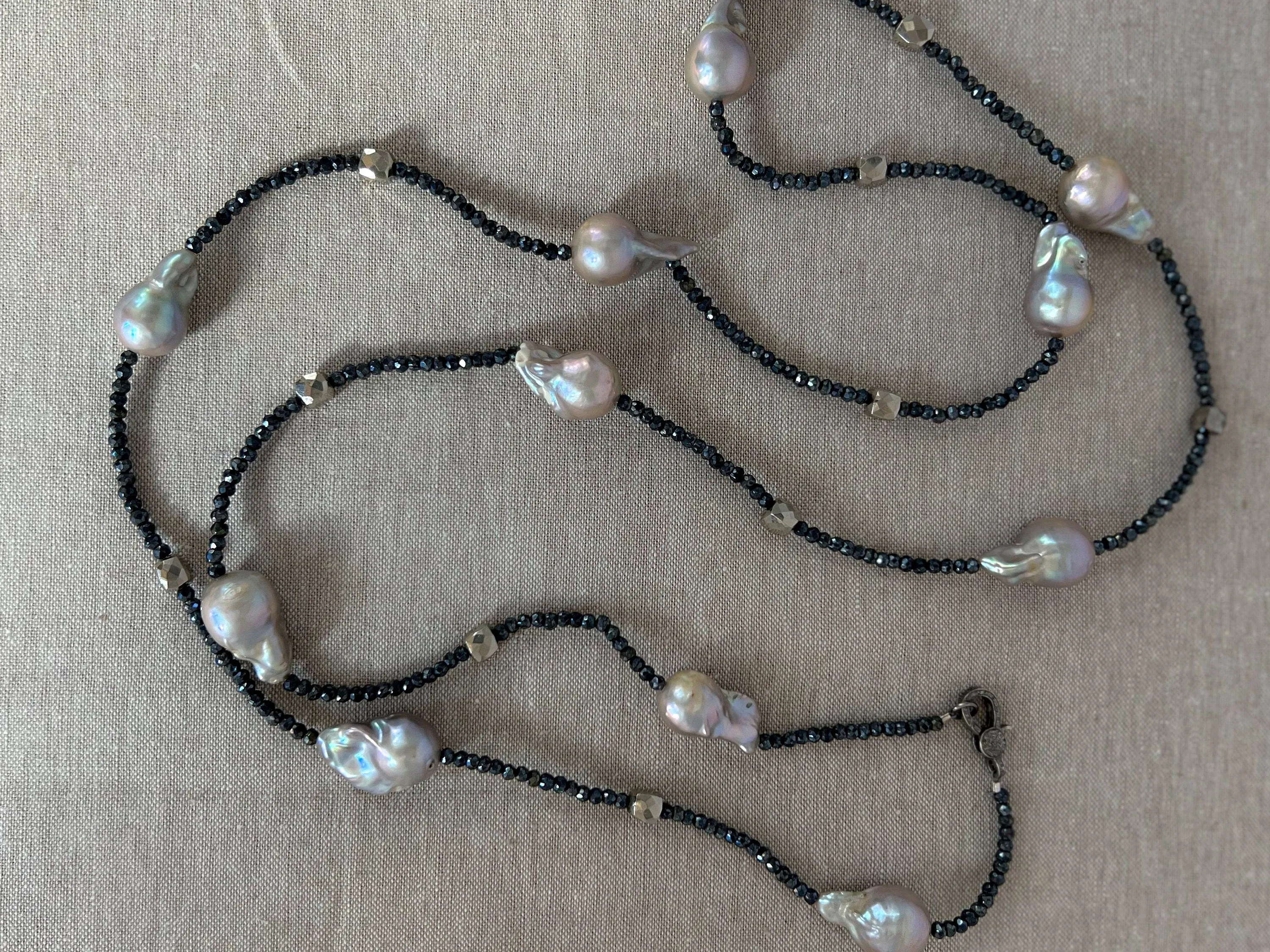 Long Baroque Pearl and Black Spinel Necklace